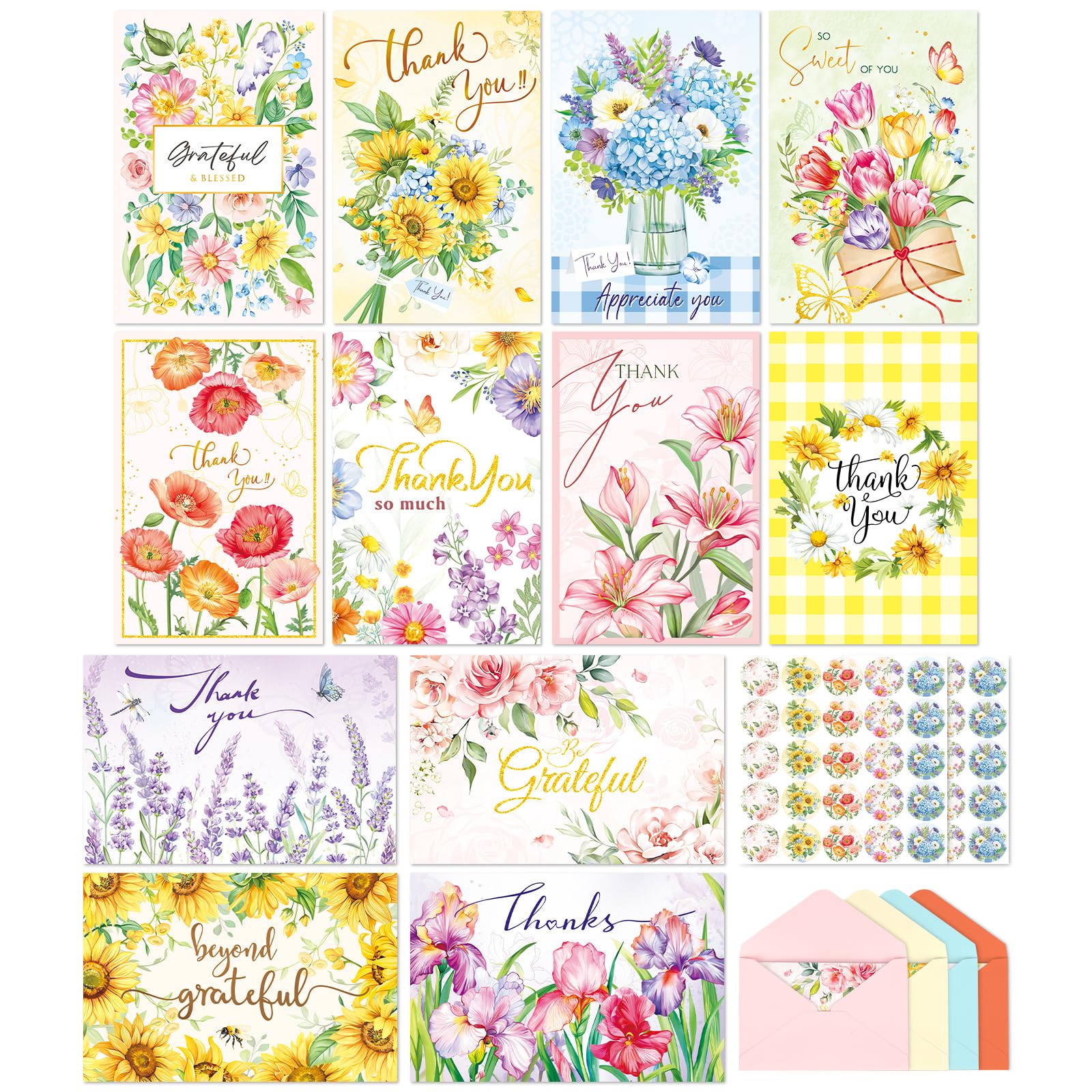 Thank You Cards Bulk Of 48 With Envelopes & Stickers-12 Different Design Blank Inside-10 * 15Cm Premium Gratitude Cards With Package Box For Weddings Kids Teacher Graduation Holiday
