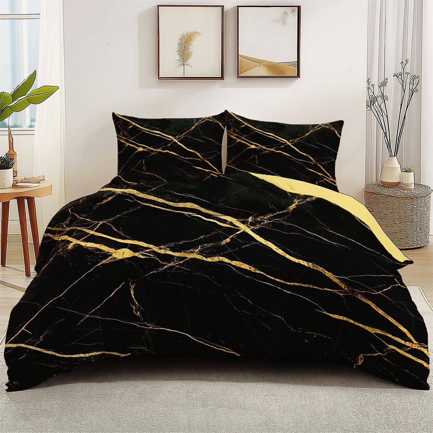 Dwustronna kołdra zestaw pościeli złota tekstura marmurowy wzór nadruk miękka szczotkowana mikrofibra 230 x 220 cm zestawy poszewek na kołdrę - poszewki na poduszki prześcieradło jakość hotelowa