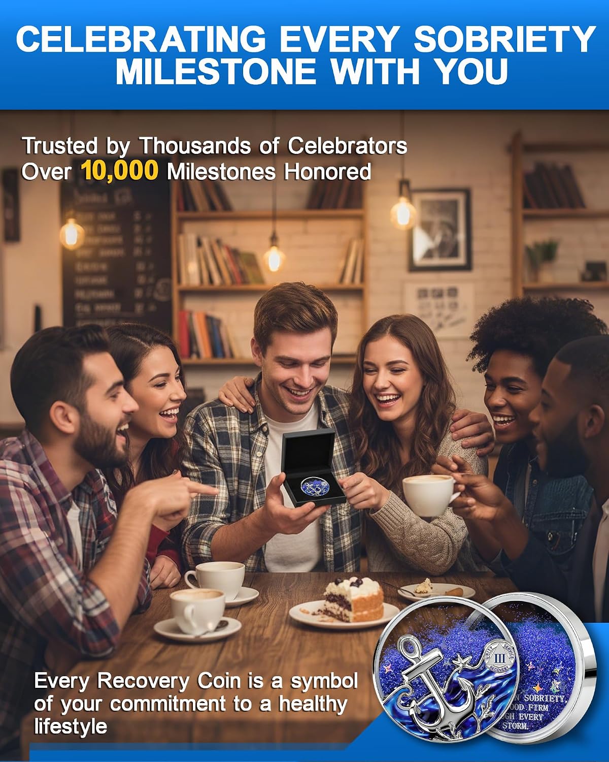 3 Year Anchor Sobriety Coin, Blue Liquid Glitter Shaker AA Medallion, 0.26" Thick Quicksand & Star Design Recovery Milestone Coin Sobriety Gift for Men & Women