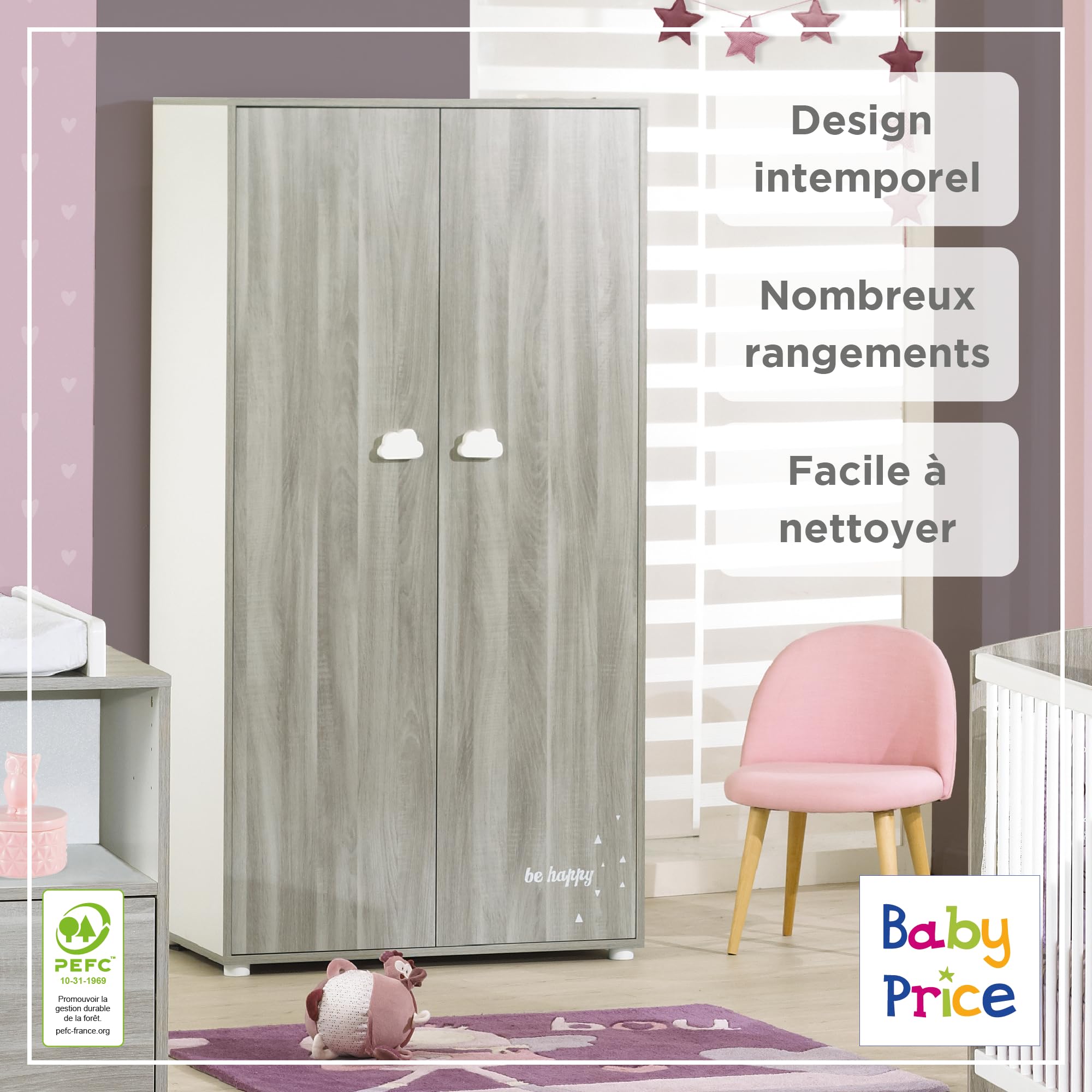 BABY PRICE Armoire 2 Portes 168x85x57cm en Bois
