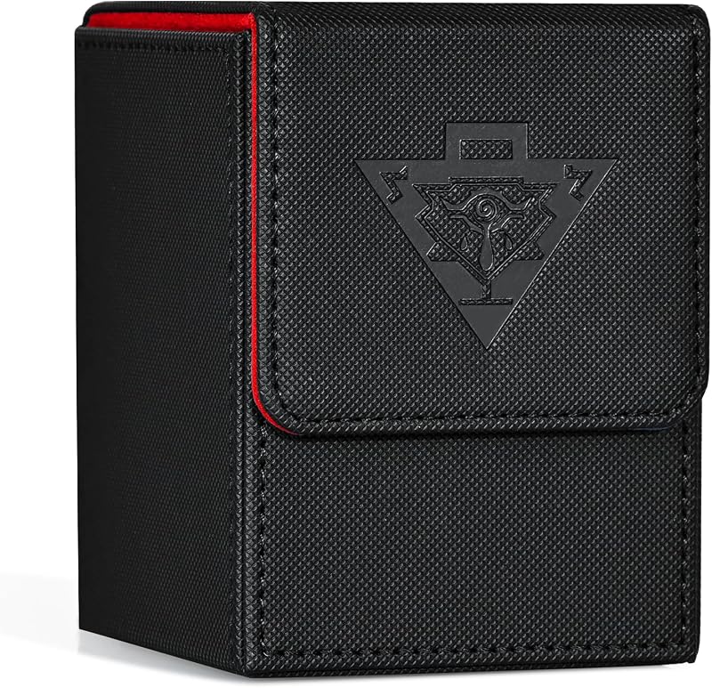 Caja de baraja de cartas ZLCA compatible con YuGiOh TCG, caja de almacenamiento de cartas | con divisores tiene capacidad para más de 100 tarjetas con funda, estuche de baraja de cartas premium compatible con tarjetas coleccionables CCG (negro y rojo, rompecabezas)