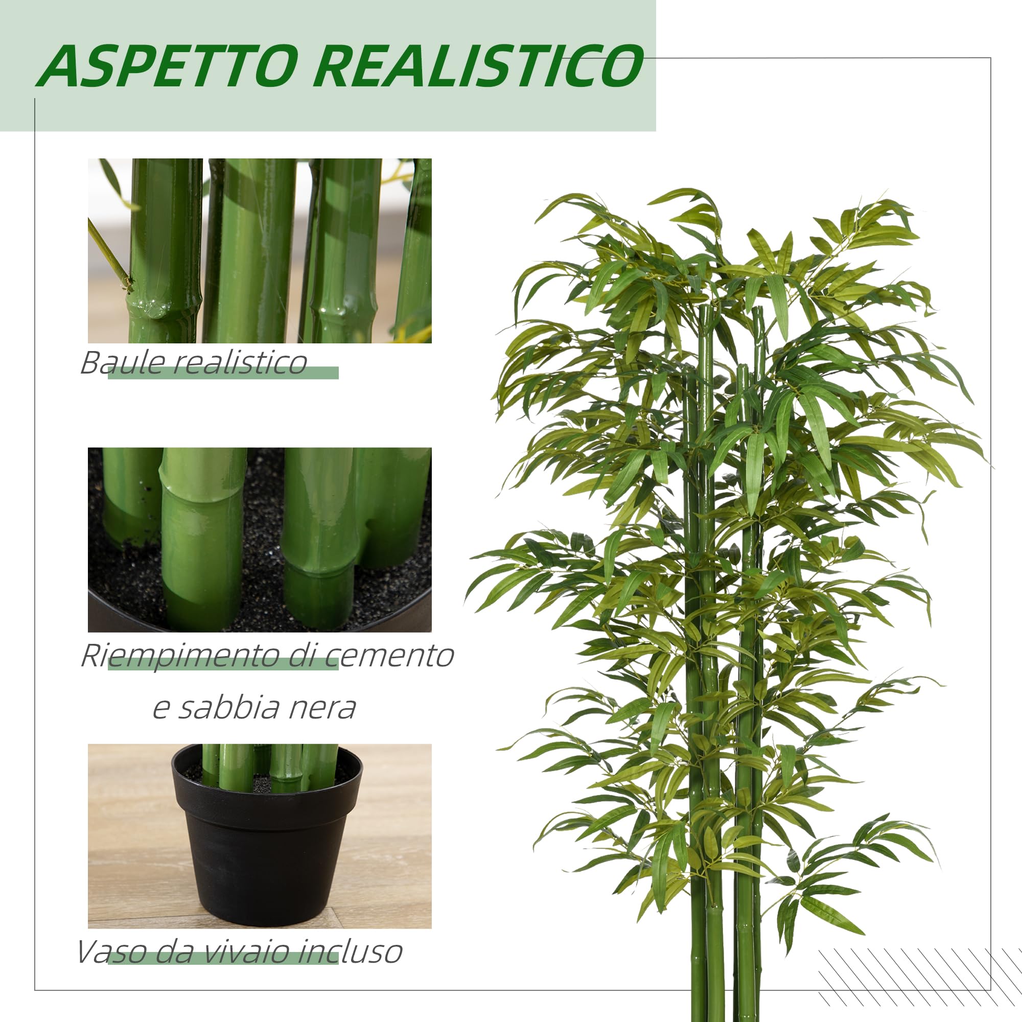 HOMCOM Pianta Artificiale di Bambù 180 cm Pianta Finta Realistico Verde | Vaso Decorativo, Piante da Interno Grandi, Soggiorno, Camera da Letto