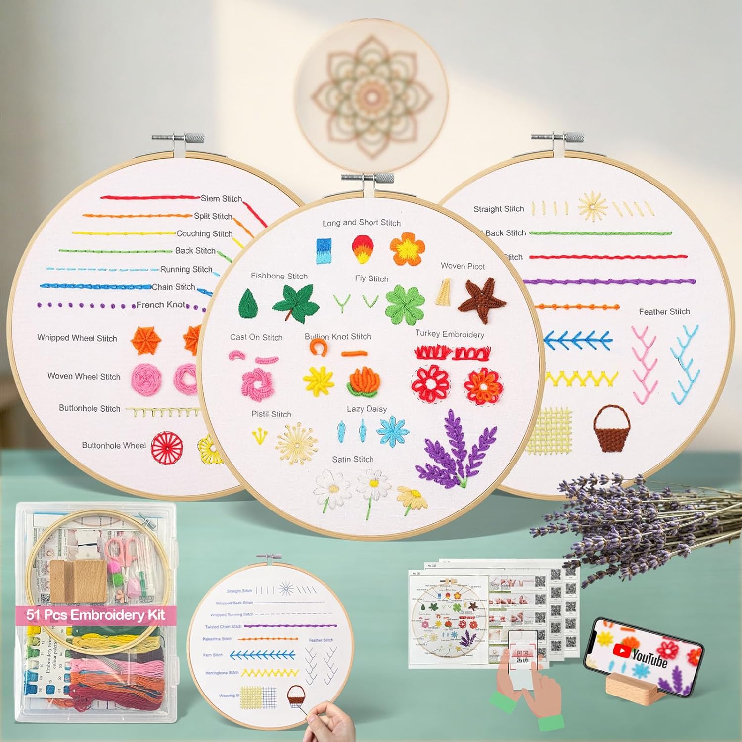 CLRDIVA First Embroidery Kit for Beginners: Pre-Printed Needlepoint Starter Kits with Complete Tools & Step-By-Step Videos Guide - Zero Stress to Learn 31 Stitches - Adults Relaxing DIY Craft Hobby