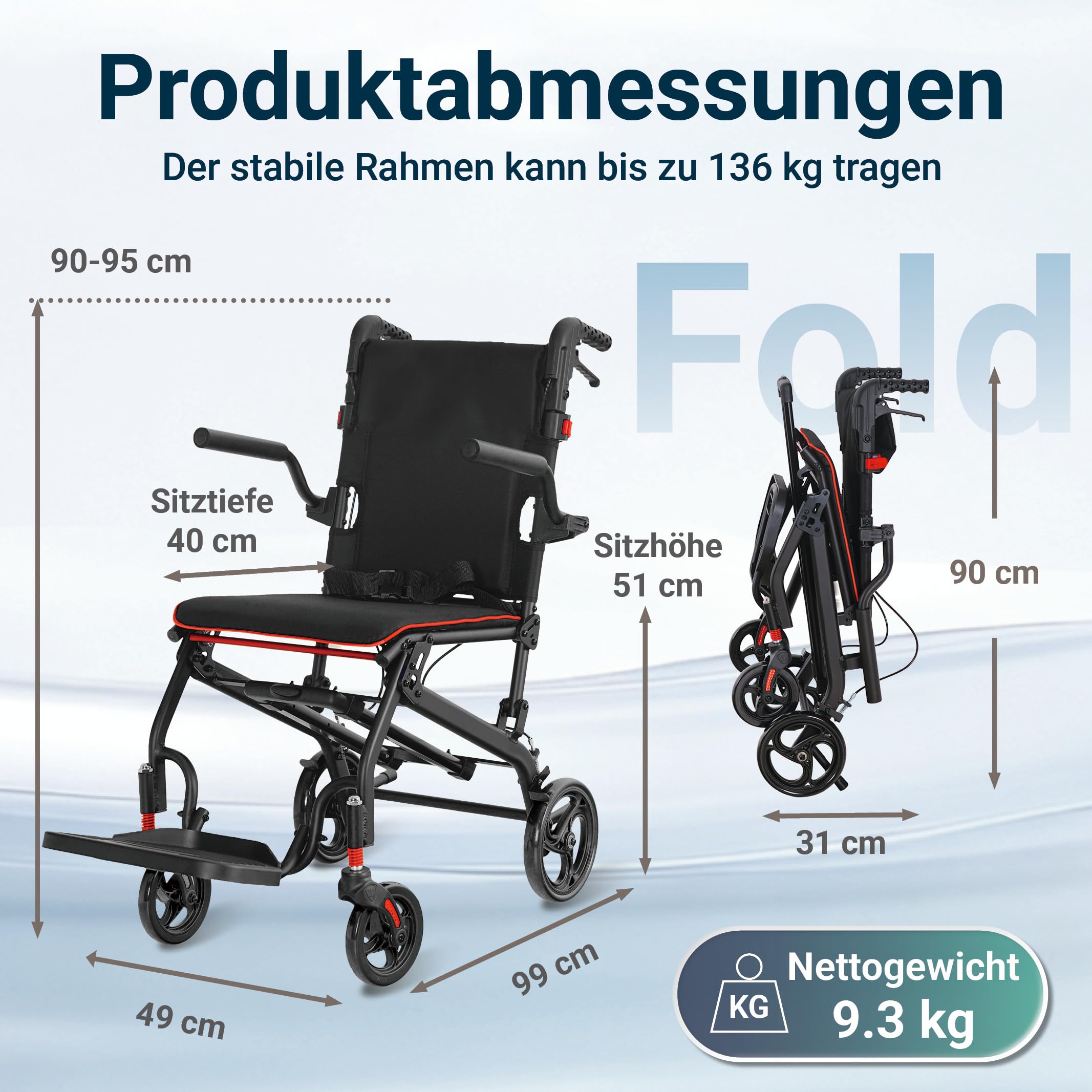 Rollstuhl Faltbar Leicht Reiserollstuhl bis 136 kg | Schmal Rollstühle Klappbar Aluminium mit Ausziehbarem Zuggriff Rutschfeste Fußstütze für Senioren Wohnung & Reisen