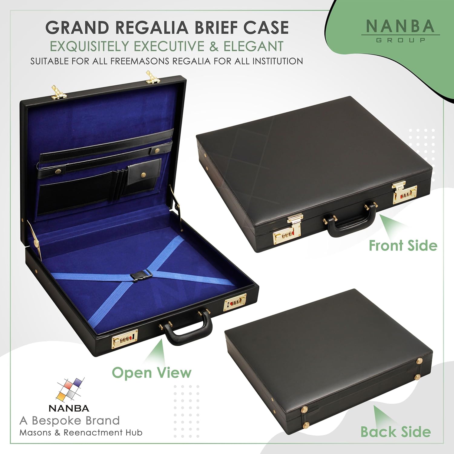 Masonic Regalia Apron Provincial Briefcase – Black Imitation Leather briefcase with Gold Locks (Grand Apron)