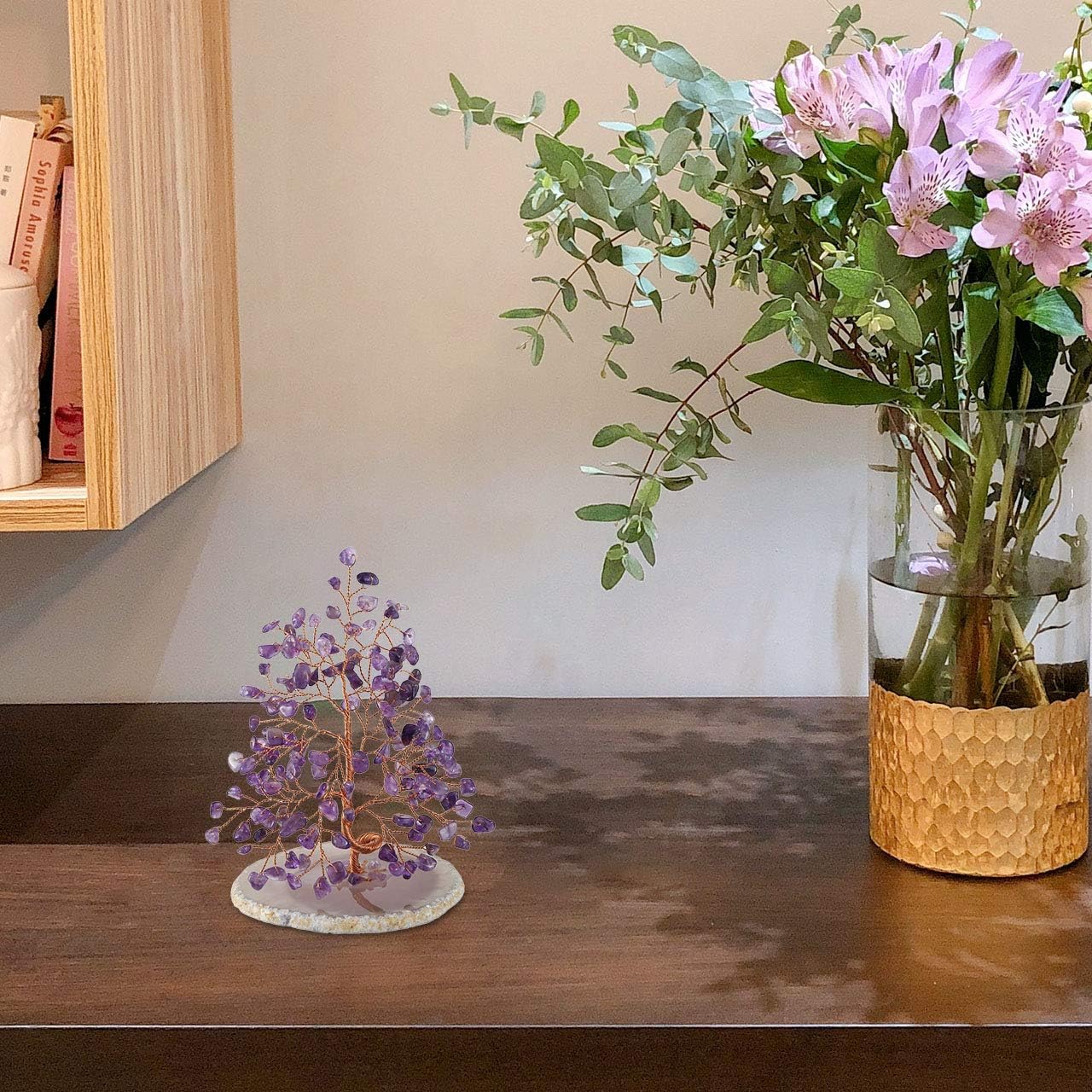 Top Plaza Amethyst Chakra Healing Crystals Copper Money Tree Wrapped On Natural Agate Slices Geode Base Luck Reiki Feng Shui Figurine Statue