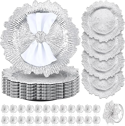 Vista 8 de Dandat 100 platos de carga a granel de 13 pulgadas con servilletero, cargador de cena de plástico, soporte de servilleta de flores, plato de Oro