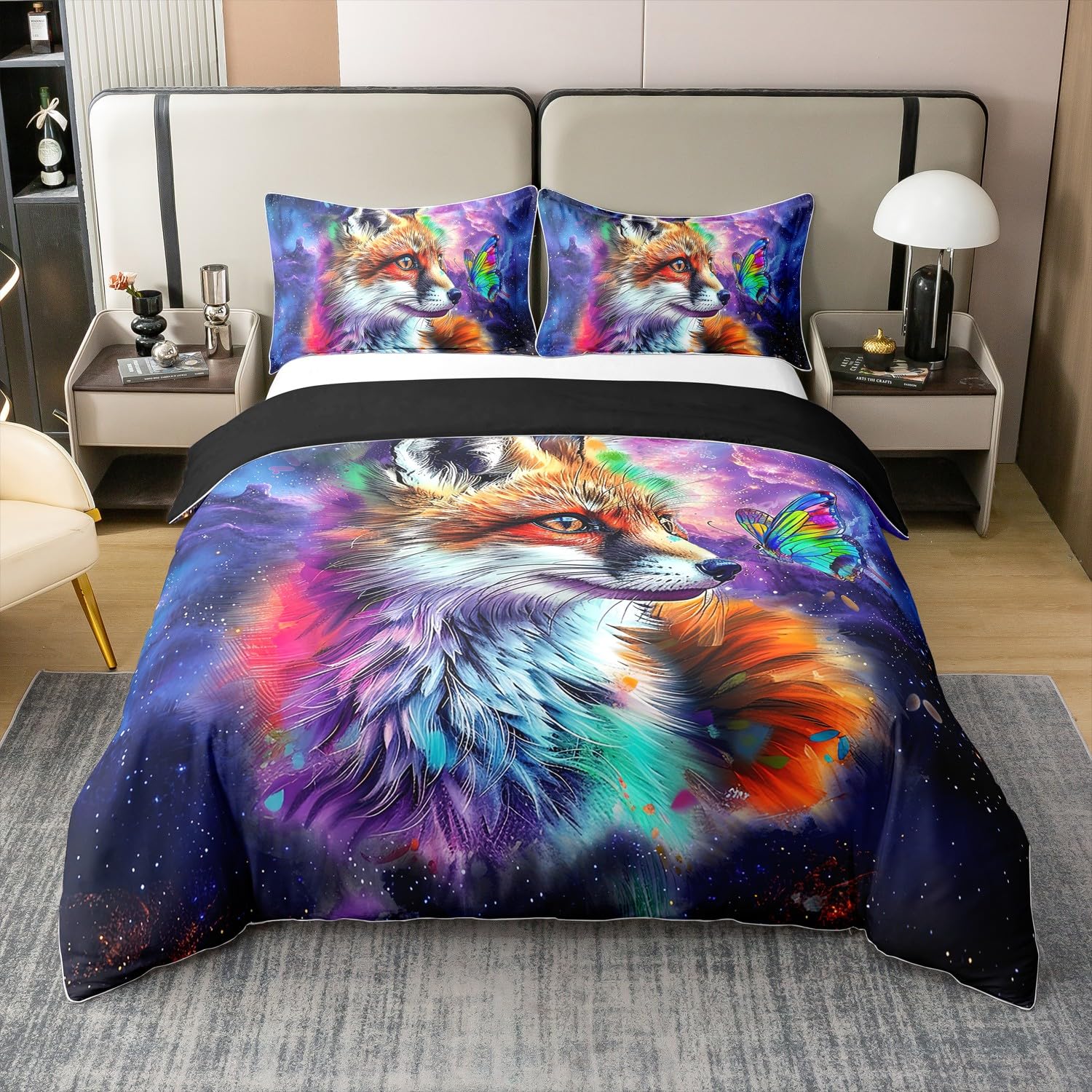 Erosebridal Fox Comforter Cover,Hand Drawn Kawaii Fox 100% Cotton Queen Duvet Cover,Cartoon Graffiti Spatter Quilt Cover for Kids Girls Bedroom Decor,Rainbow Wild Butterfly Bedspread Cover,Purple