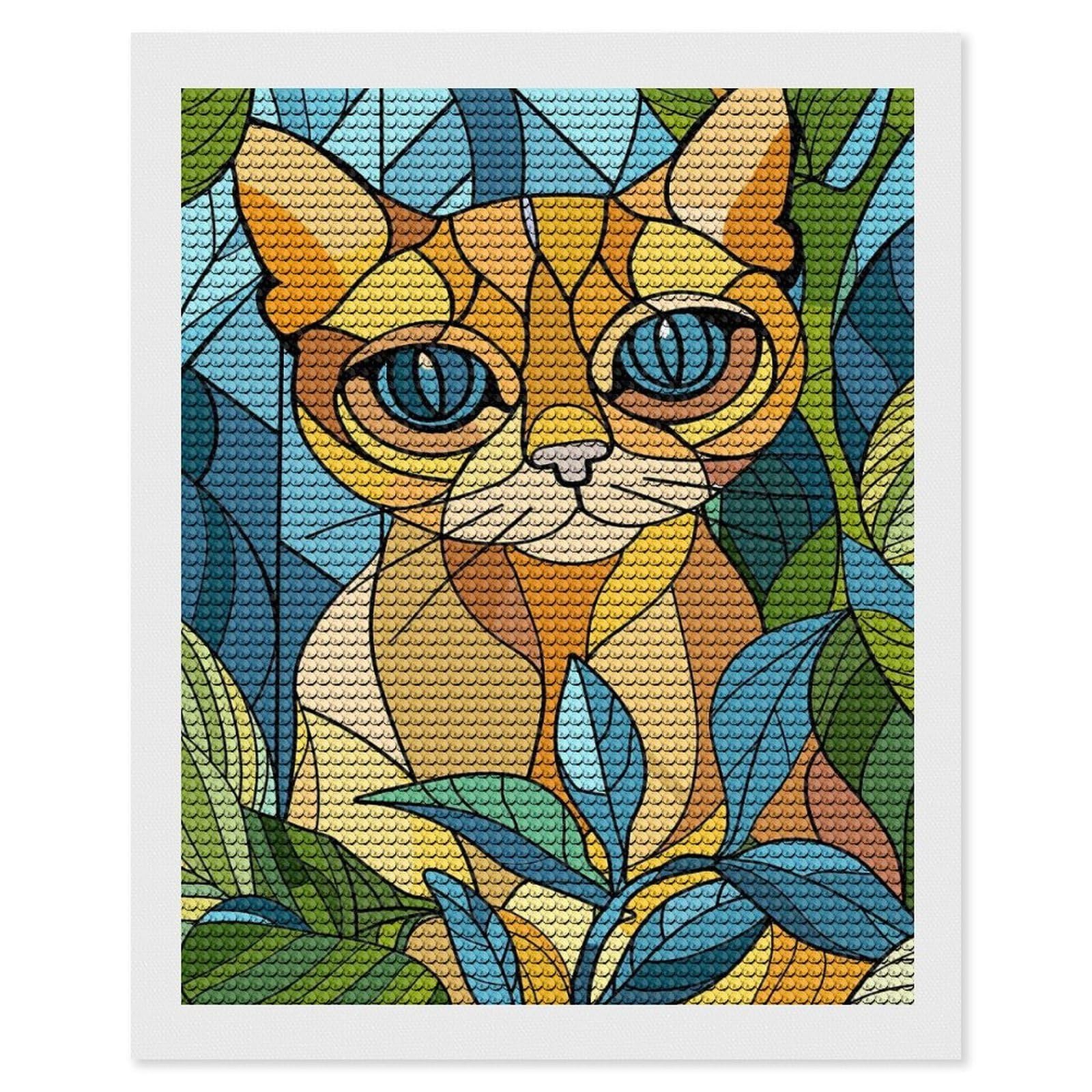 Junmoney Stained Glass Cat Among Leaves Diamond Art Kit 16"x20", Vintage Style Decor, Stress Relief Craft, Decor Project, Relaxing DIY, Creative Hobby