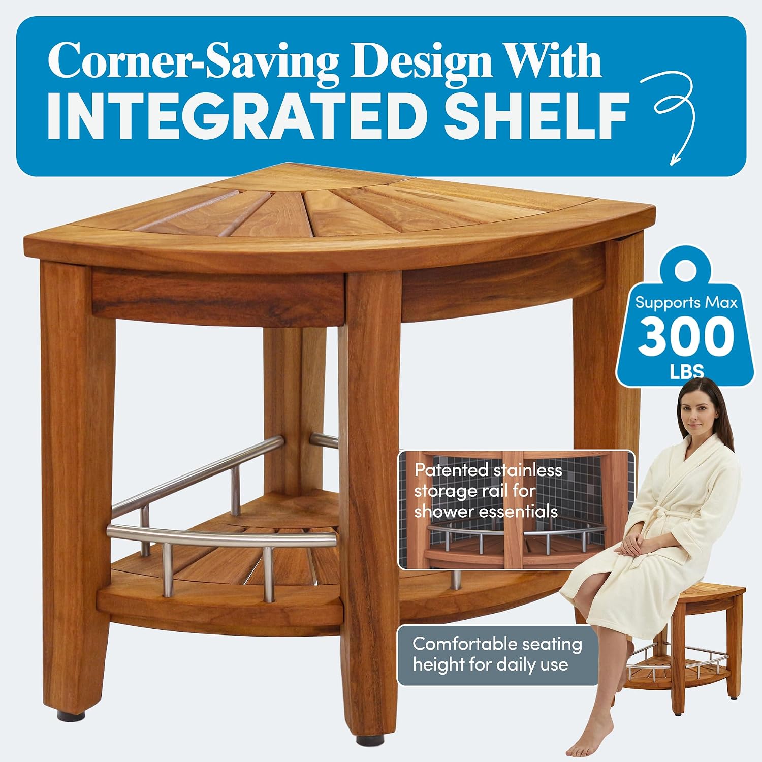 AquaTeak Patented 15.5" Kai Stainless Corner Teak Shower Bench - Shower Stool with Storage Shelf & Premium Teak Oil - Durable Water Resistant Shower Chair - Shaving Foot Rest - Indoor & Outdoor Use