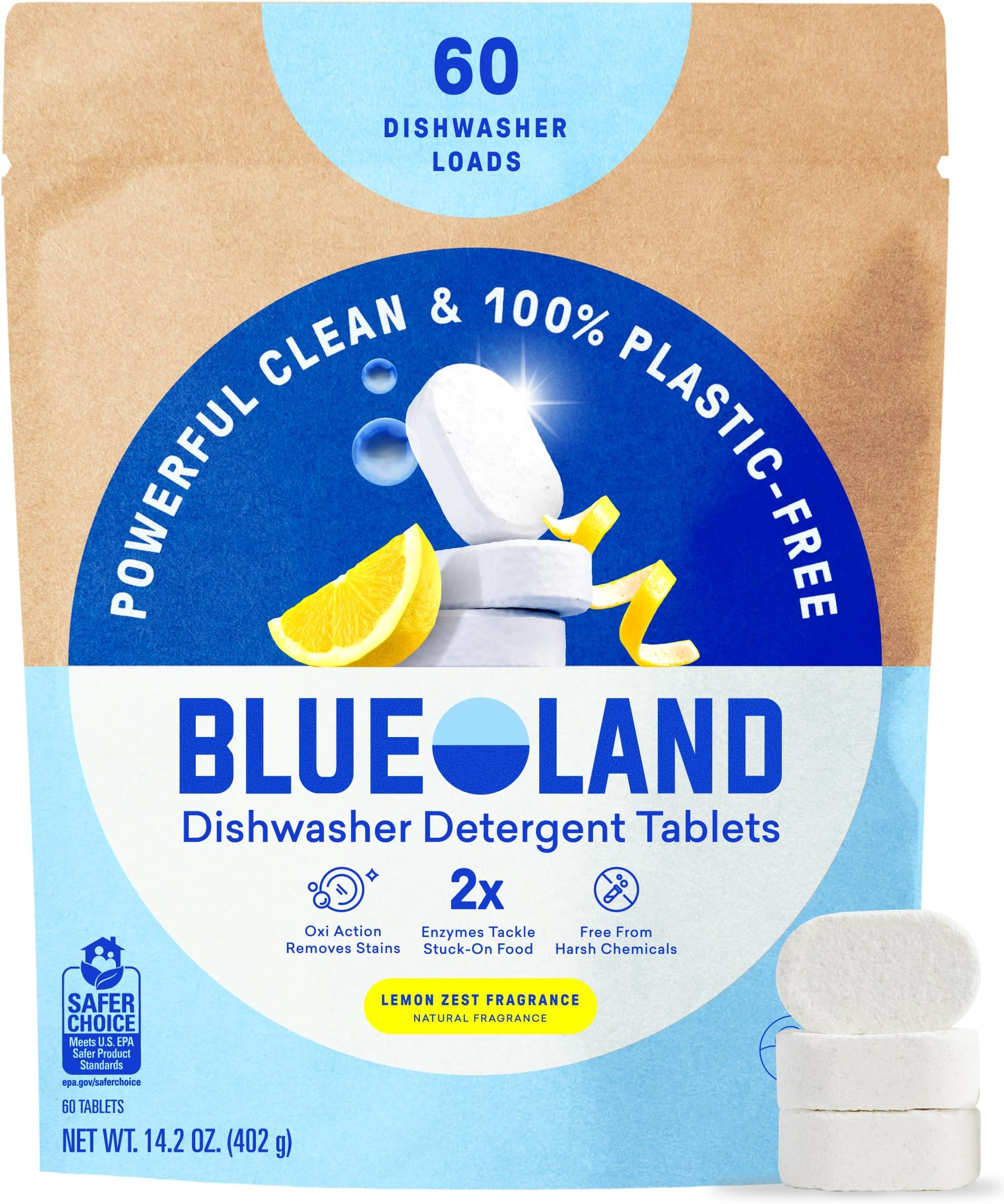 BLUELAND 100% Plastic-Free Dishwasher Detergent Tablets, 60ct, Lemon Zest