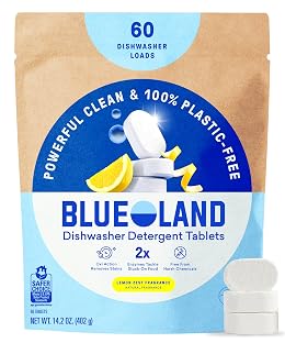 BLUELAND 100% Plastic-Free Dishwasher Detergent Tablets, 60 Count, Lemon Zest Scent, Eco Friendly Dishwashing Pods, Cuts Grease & Stuck on Food, Rinses Clean for Streak-Free Shine