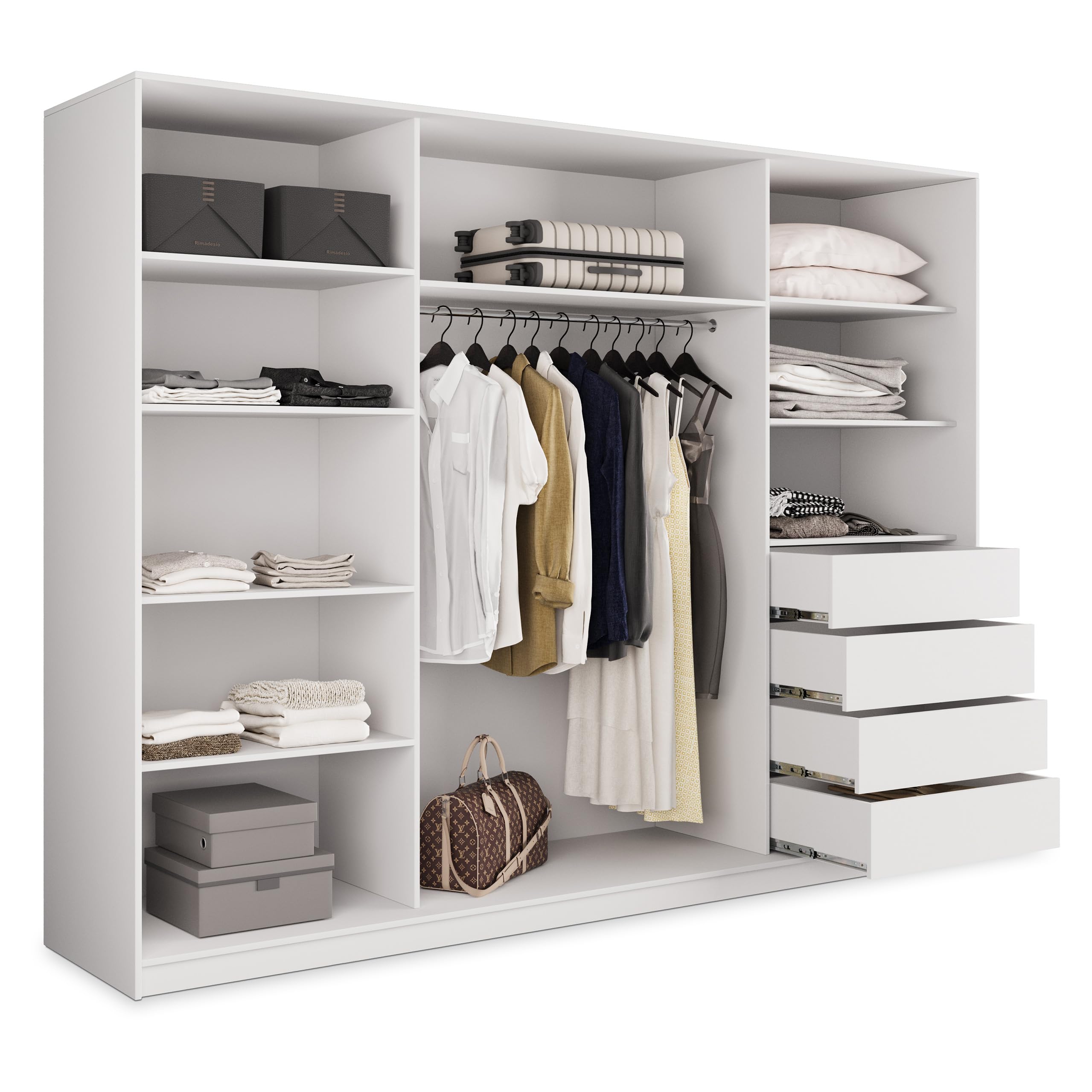 Masseno Schwebetürenschrank TARI 270/205/58 cm Kleiderschrank mit 4 Schubladen Schlafzimmer Schiebetürenschrank 3-türig mit Spiegel Weiß