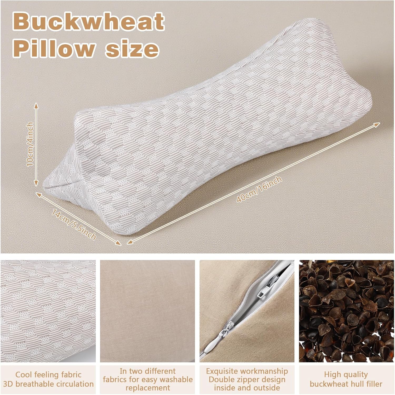 AceOrbit Buckwheat Neck Support Pillow Triangular Cylinder Bolster Pillow with Dual Pillowcases 16 x 5.5 Inches Adjustable Buckwheat Hulls Neck for Back Pain Relief Office Lunch Break Sleep