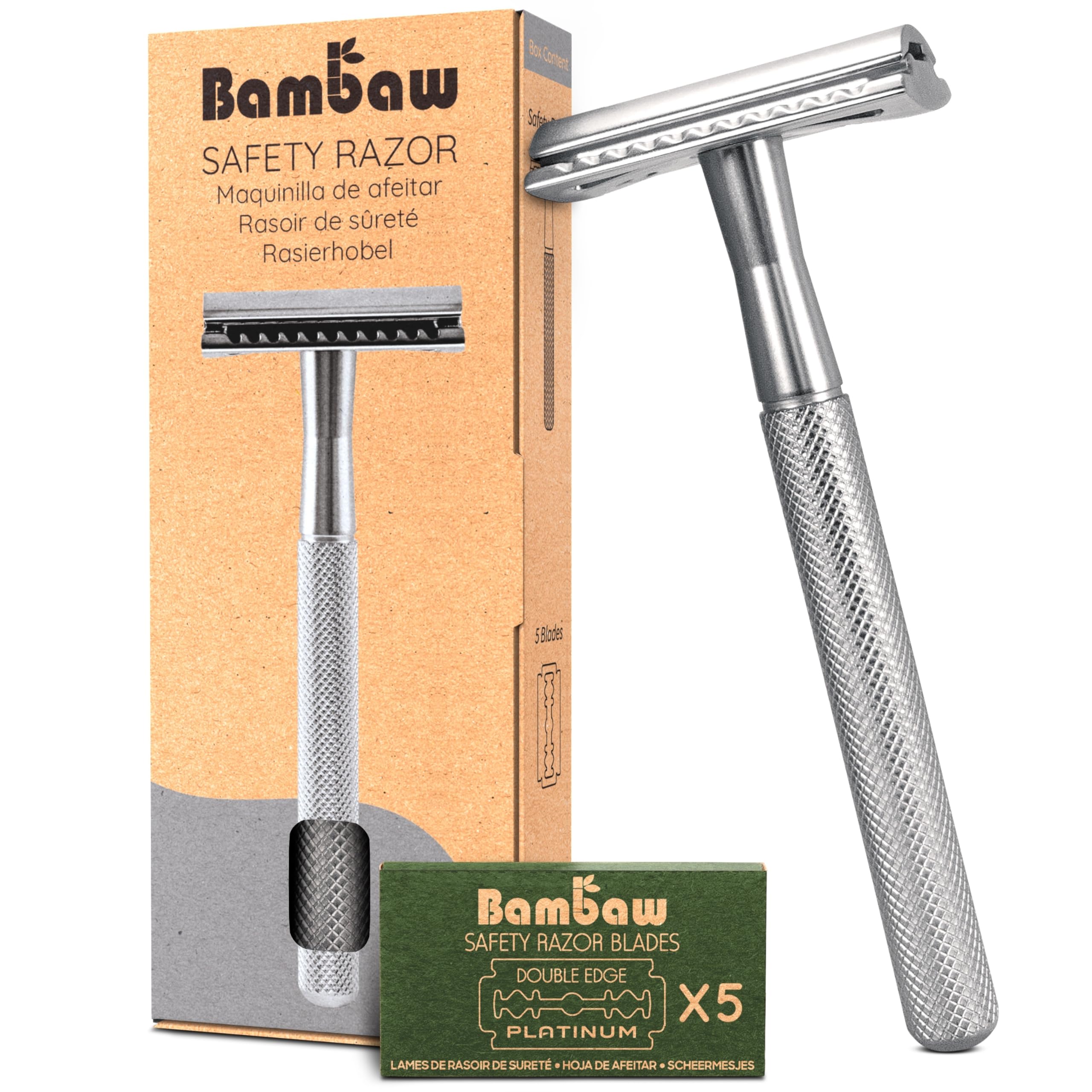 Bambaw Rasoio di Sicurezza Uomo e Donna con 5 Lamette in Acciaio Inox Svedese, Rasoio Barba Manuale in Metallo per una Rasatura Tradizionale Profonda, Riutilizzabile e Senza Plastica (Argento)