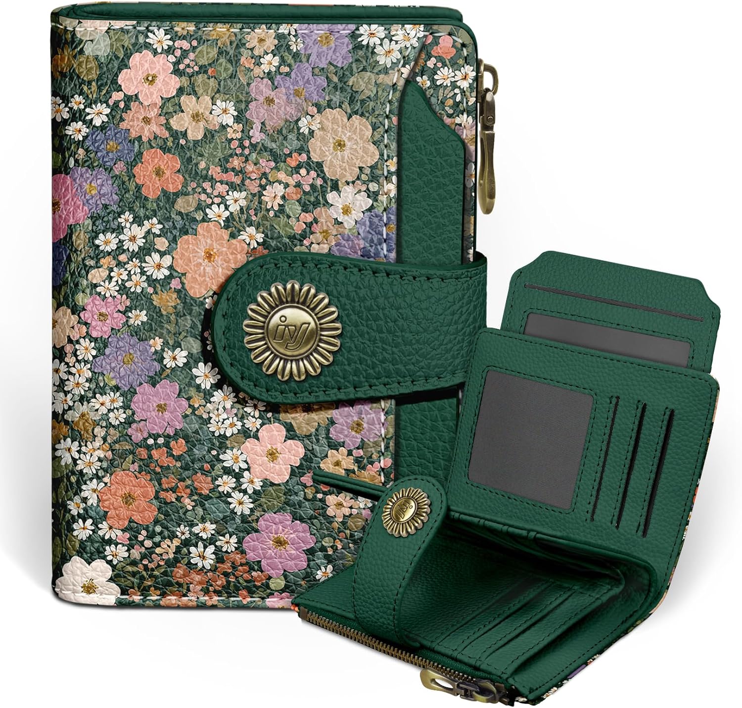 Icycay Floral Flowers Small Wallet Women RFID Blocking Bifold, Credit Card Holder, Zipper Coin Pocket, PU Leather, Compact, Travel, 4 ID Window, 14 Card Slots, Cash Purse, Ladies Woman Female Girls