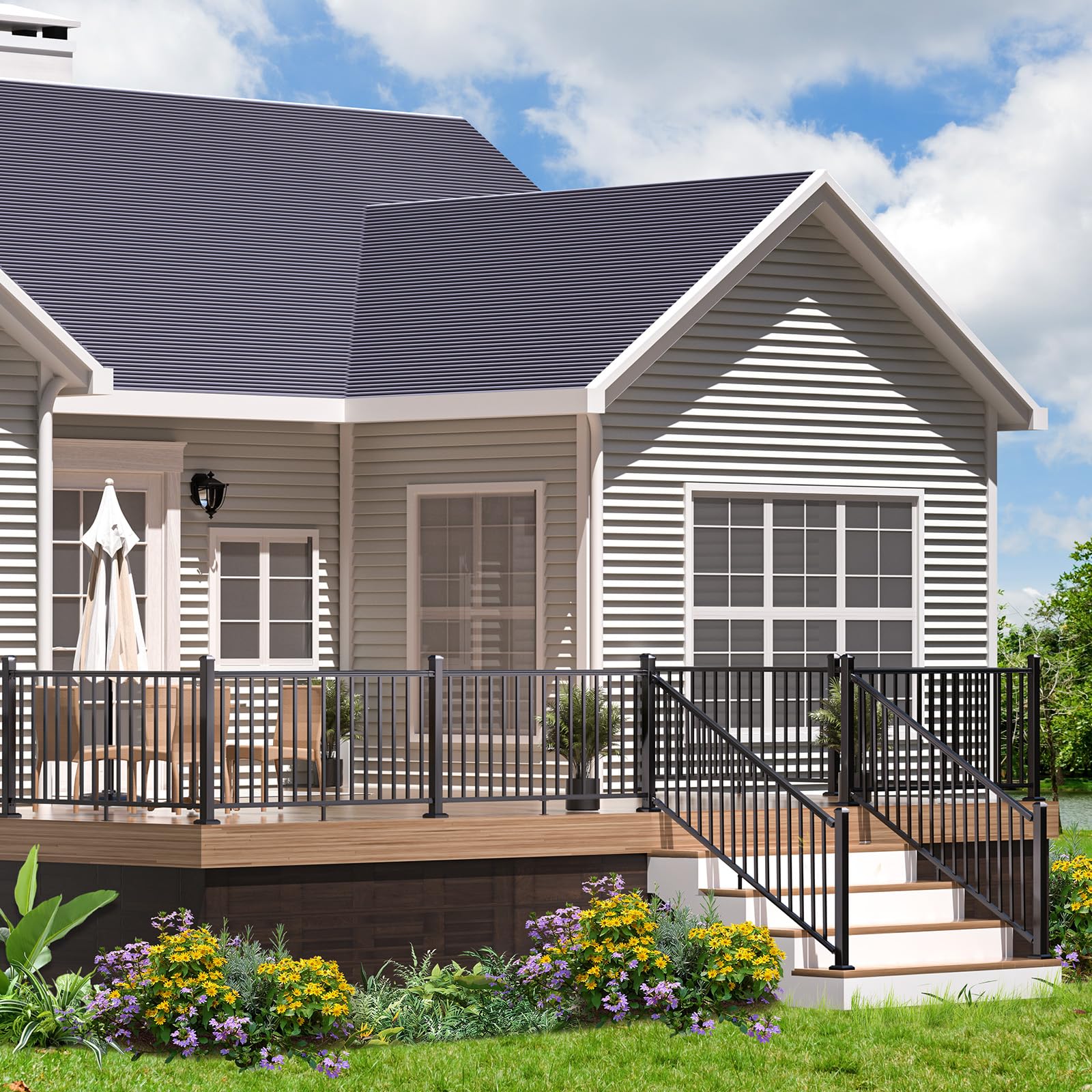 36 in. H x 6 ft. W Porch and Deck Railing Kit, Aluminum Railing Kit, Black Textured Powder-Coat Finish Railing System for Outdoor Decks, Porches & Balconies (1 Post, 1 Panel)