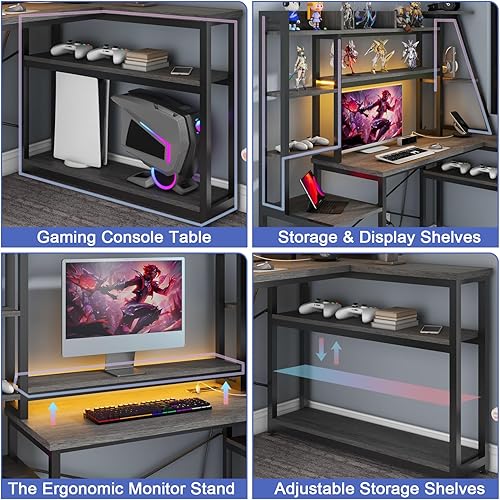 Miniatura 6 de Vabches Escritorio para computadora en forma de L de 64 pulgadas con luces LED y tomas de corriente, escritorio para juegos en forma de L con