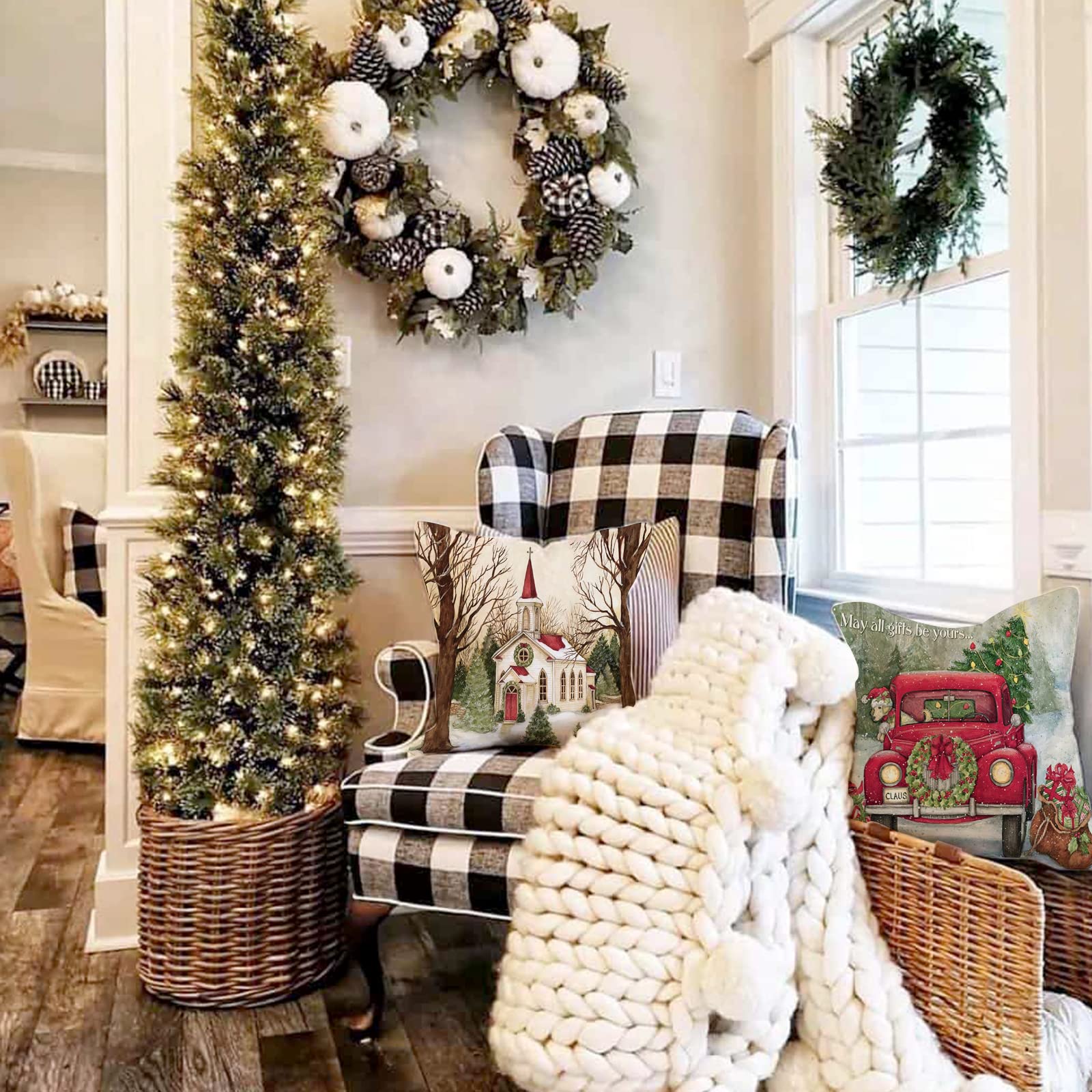 ZWJD Cuscini Natalizi per Divano 4 Pack Federe Cuscini Divano 40x40 Federe Cuscini Natalizi Cotone e Lino Biancheria Cuscini per Divano per Natale Decorazioni Casa