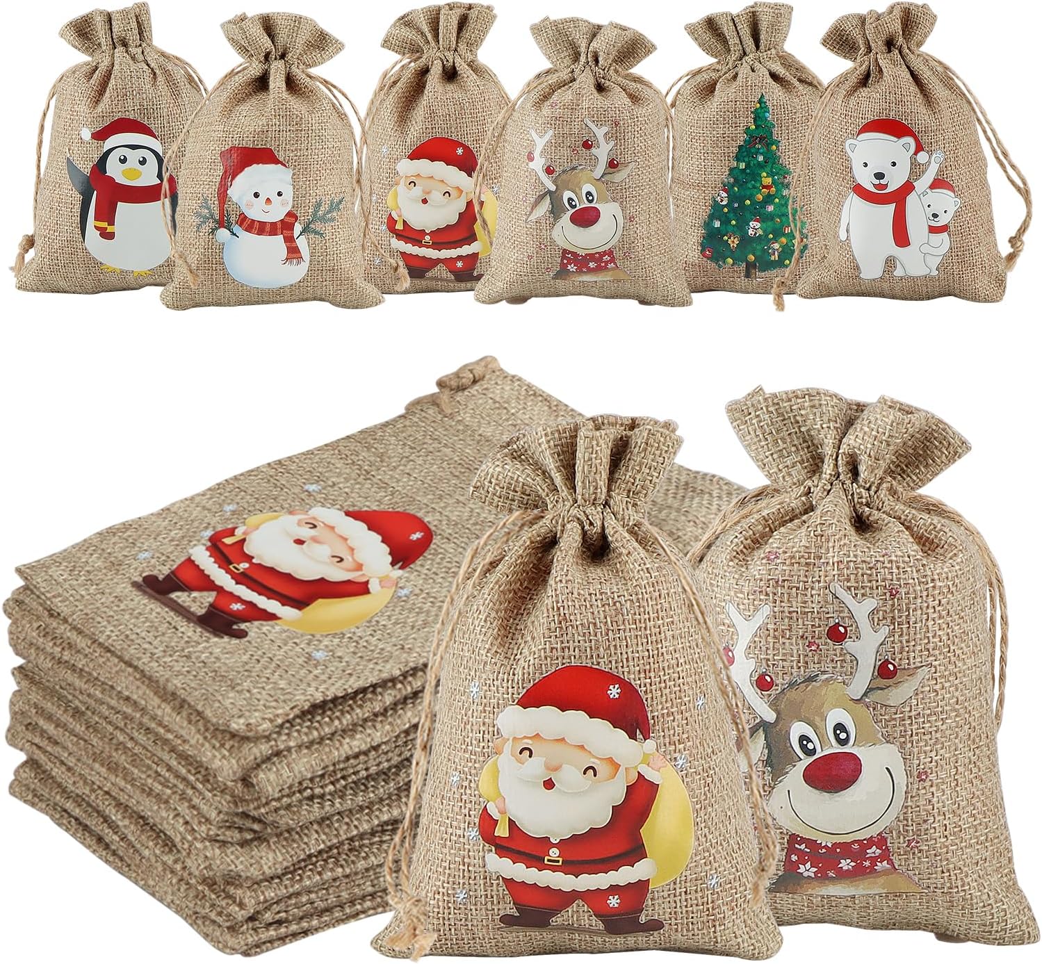 OWill 24 PCS Small Gift Bags, Jute Burlap Drawstring Small Christmas