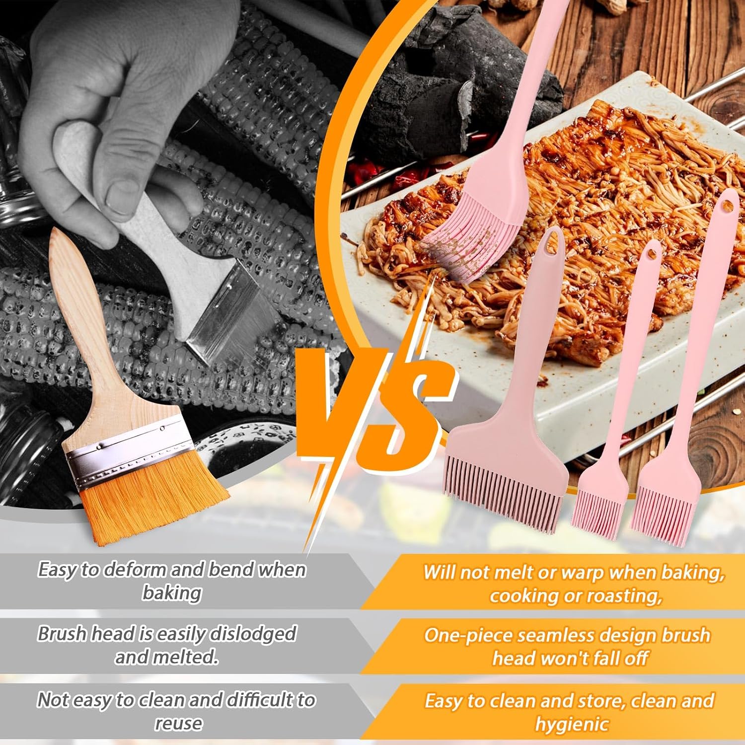 LELE LIFE 3 Sizes Silicone Basting Brush, Extra Large Heat Resistant Pastry Brush Spread Oil Butter Sauce Marinade for BBQ Grilling Baking Kitchen Food Cooking (Pink)