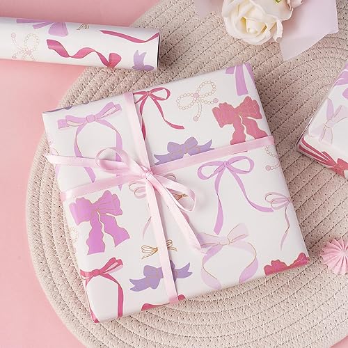 Miniatura 6 de RUSPEPA Elegante rollo de papel de regalo con lazo para niñas y mujeres, mini rollo, papel de regalo con lazo rosa con perlas, perfecto para baby