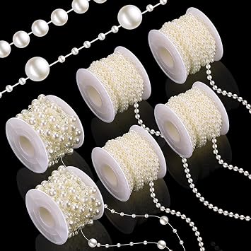 6 Rolls 132 Feet Pearls Garland for Faux Pearl Beads Strand for Wedding Decor, Include 4 Rolls of 4 mm, 2 Roll 3 to 8 mm Mixed Artificial Pearls Chain Trim for Wedding Beige