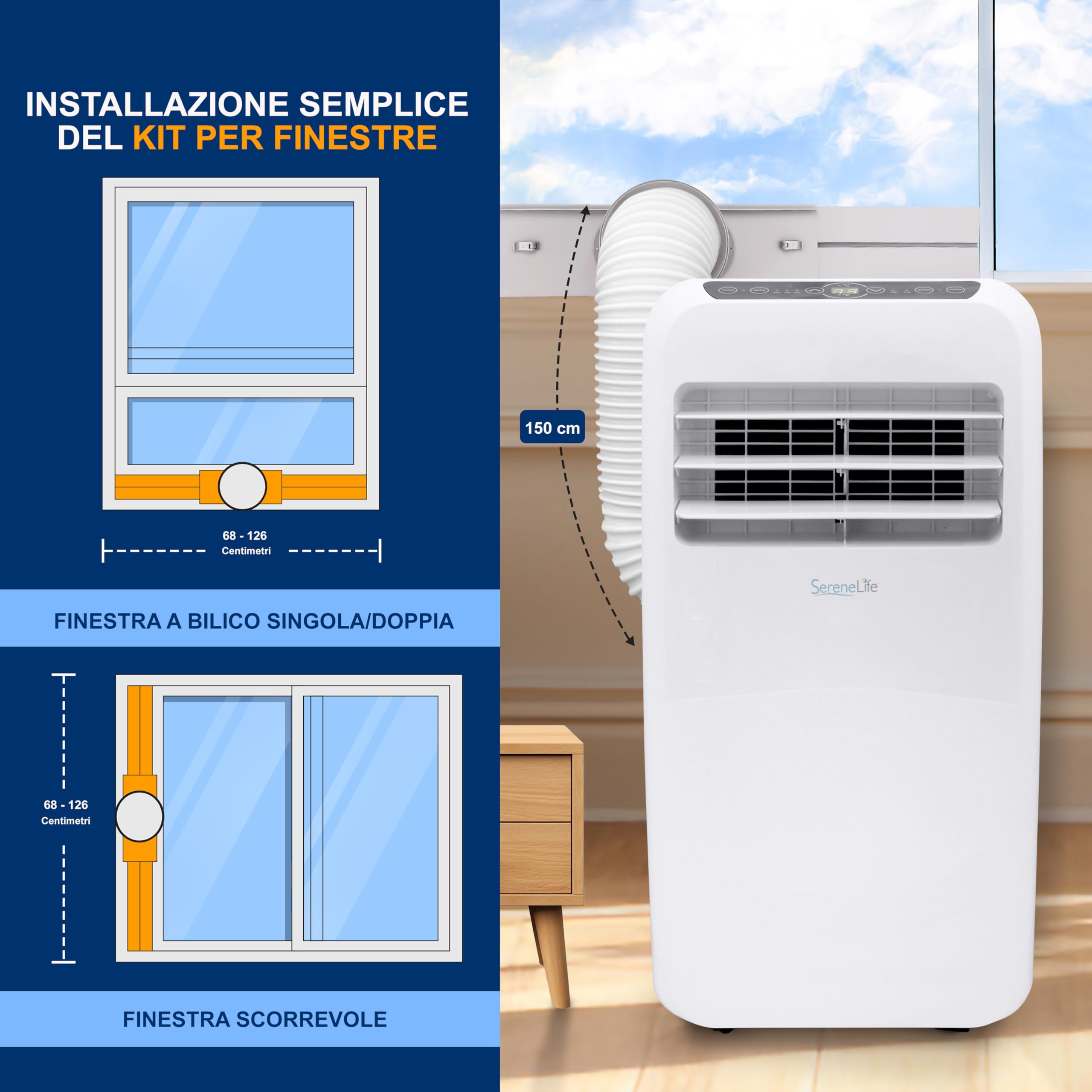 SereneLife Condizionatore Portatile 3-in-1 con Deumidificatore, Ventilatore, Telecomando, Kit Finestra, 9,000 BTU, [Classe A]