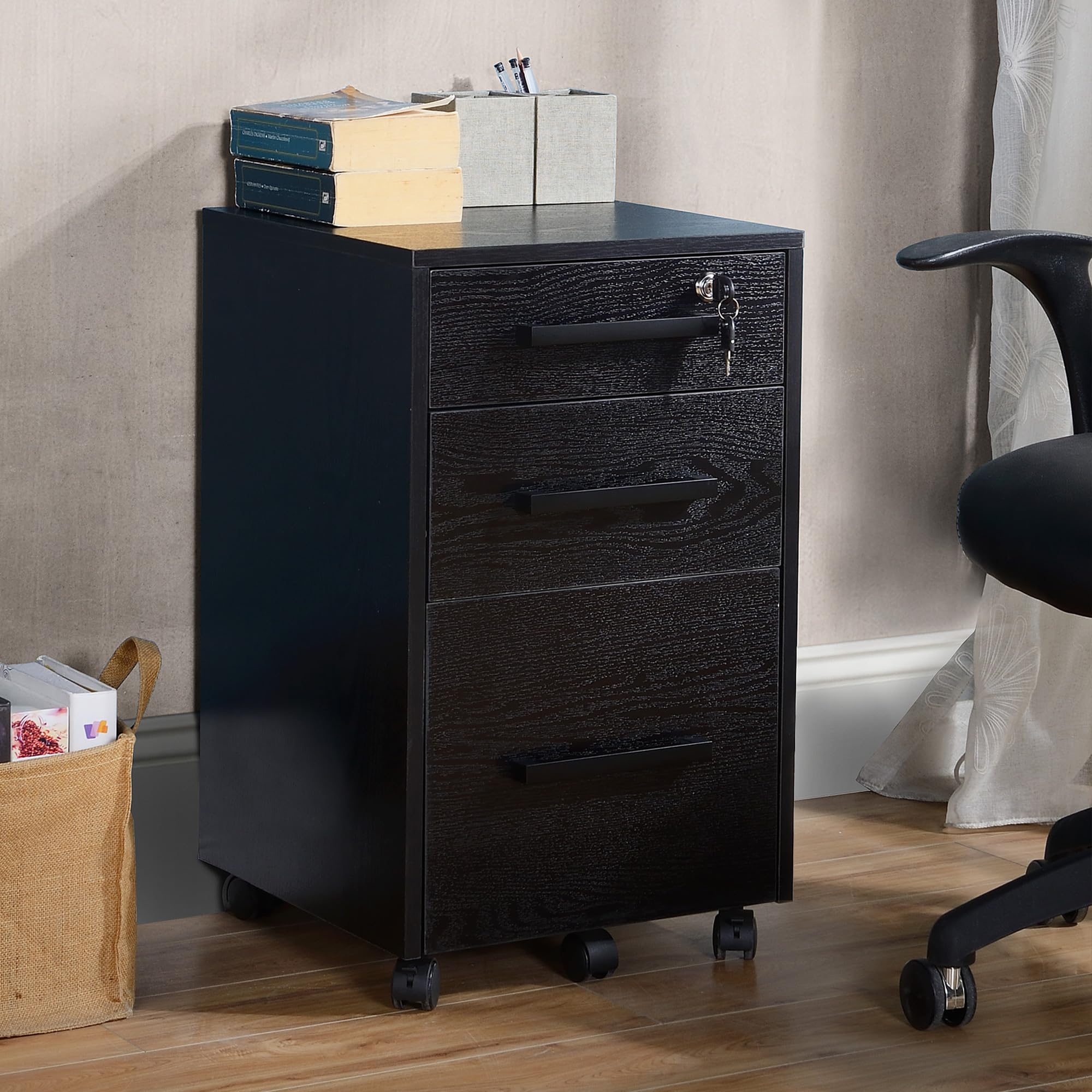 HOMCOM 3-Schubladen Aktenschrank mit Schloss, Brief/A4, Schwarz