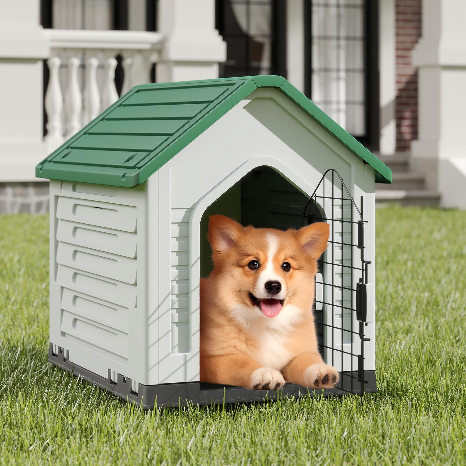 GYMAX Caseta para Perros, Casa de Plástico para Perros con Puerta Metálica Bloqueable, Techo Inclinado, Buena Ventilación, Refugio para Animales Adecuado para Interior, Exterior (Verde)