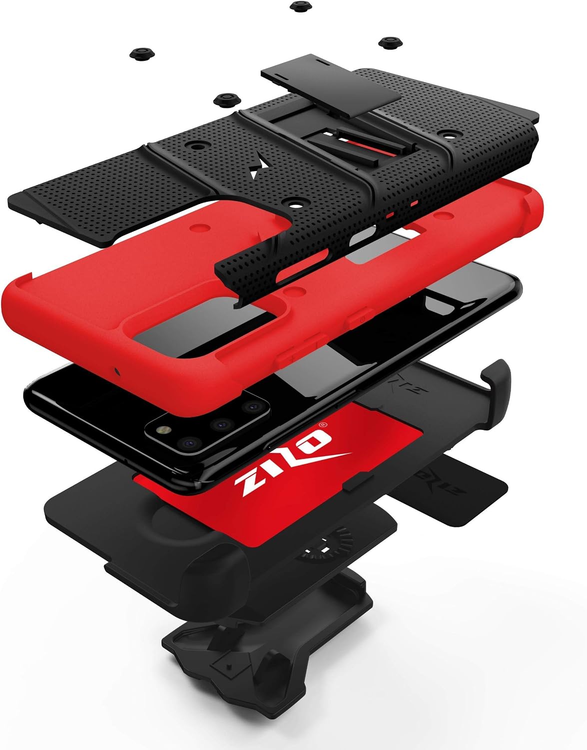 ZIZO Bolt Series for Galaxy S20 Plus Case with Kickstand Holster Lanyard - Black & Red