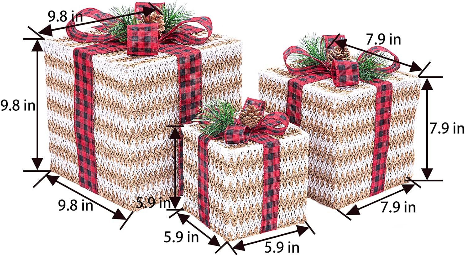 Sunnyglade 10"-8"-6" Set of 3 Christmas Lighted Gift Boxes Decoration Boxes with Plug, Bows, Artificial Pine Leaves and Pine Cones for Christmas, Weddings Yard Home Holiday Art Decoration