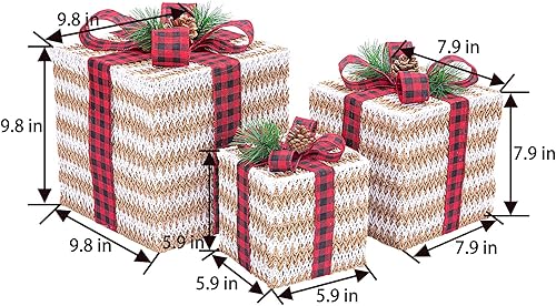 Miniatura 7 de Sunnyglade Juego de 3 cajas de regalo iluminadas de Navidad de 10 a 8 a 6 pulgadas, cajas de decoración con enchufe, lazos, hojas de pino