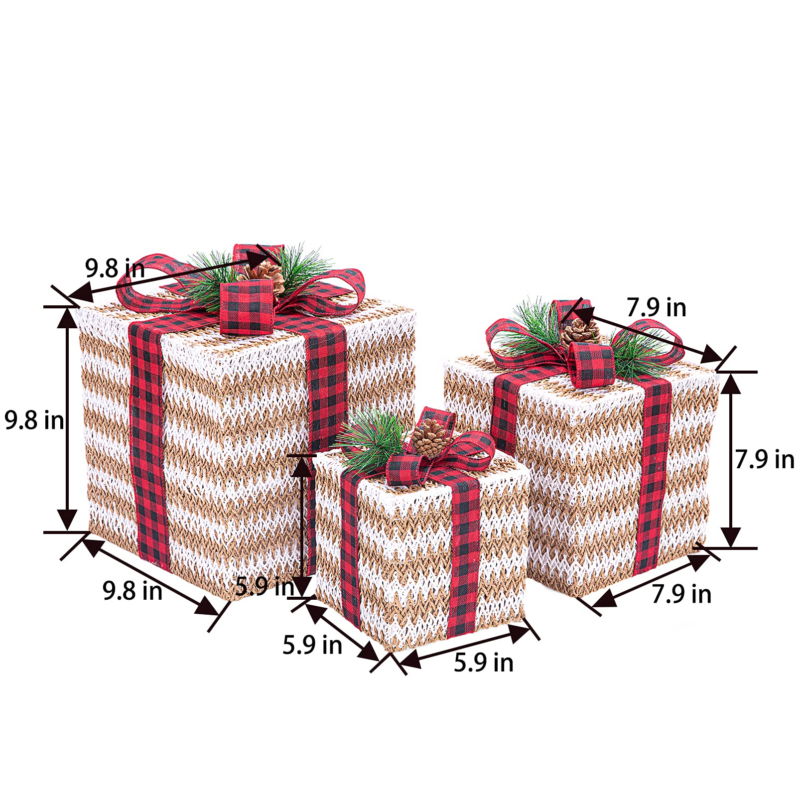 Sunnyglade Lot de 3 boîtes cadeaux lumineuses de Noël avec prise, nœuds dorés, feuilles de pin artificielles et pommes de pin pour décoration d'intérieur ou de vacances Rayures tricotées