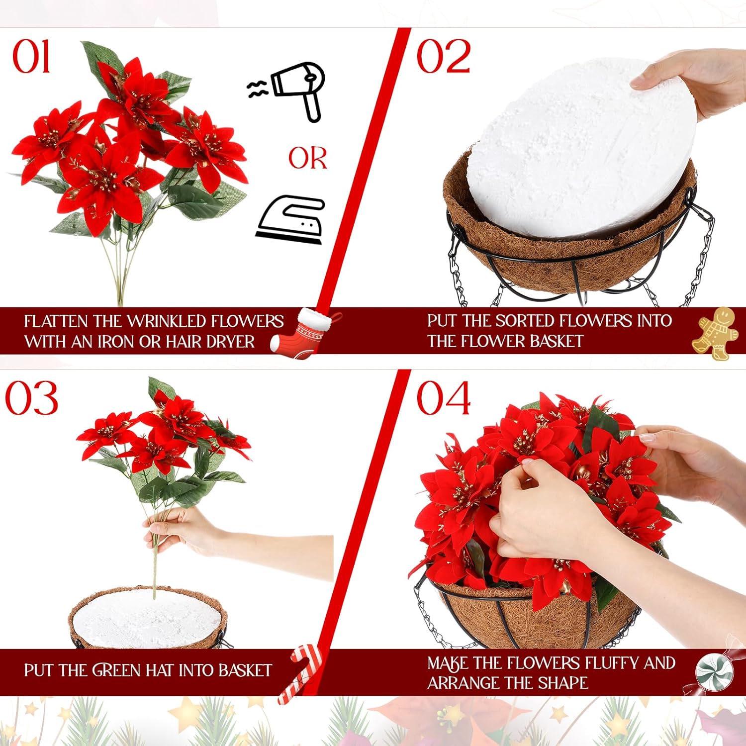 Retrowavy Artificial Christmas Poinsettia Flowers with Hanging Basket for Outdoor Decoration Christmas Hanging Baskets Artificial Poinsettias Plant Pot with Berries for Home Garden Xmas Decoration