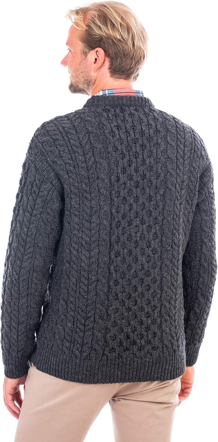 100% Merino Wool Blasket Crew Neck Collar Aran Sweater Pullover Honeycomb Stitch Made in Ireland
