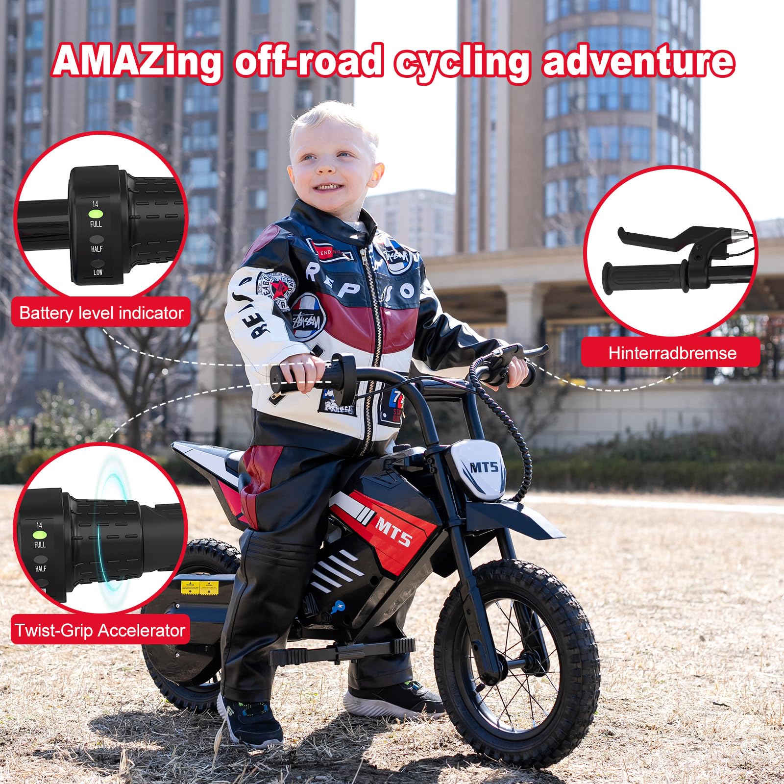 MT5 Elektromotorrad für Kinder mit 150-W-Motor, Geschwindigkeiten 8/16 km/h, Einer Reichweite bis 15 km und 12 Zoll Luftreifen, Motocross für Kinder