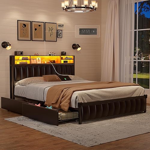 Base de cama de tamaño matrimonial con cabecera de estantería y estación de carga, plataforma tapizada tamaño matrimonial con 4 cajones de