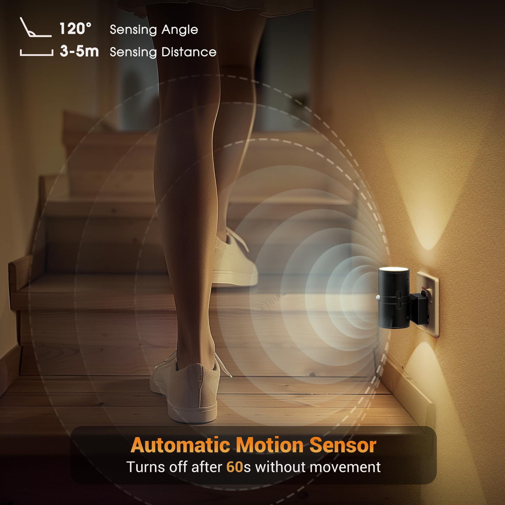 JandCase Motion Sensor Night Light, 3 Lighting Mode (ON/Off/AUTO), 3000K Warm White, Plug in Night Light Dimmable 0-100 LM - Image 2
