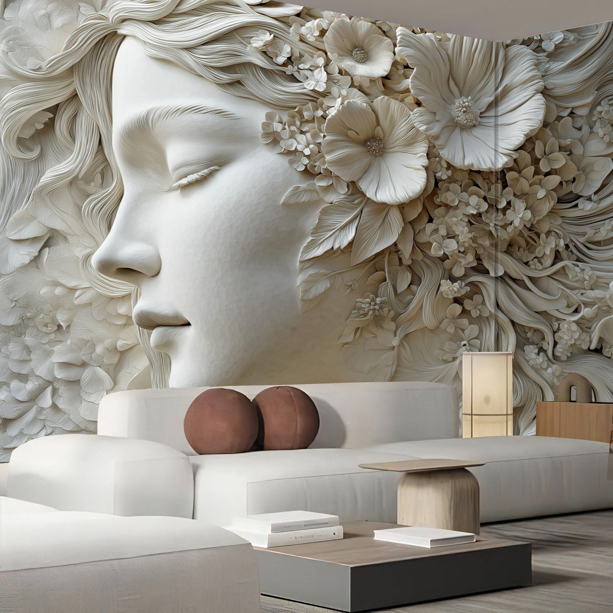 Carta Da Parati Delicato Donna Viso 250×170cm Wallpaper Carta Da Parati Murale 3D, Fiori Foresta Fotomurali Moderni Per Soggiorno E Camera Da Letto, XL Decorazione Murale 3D, Grigio