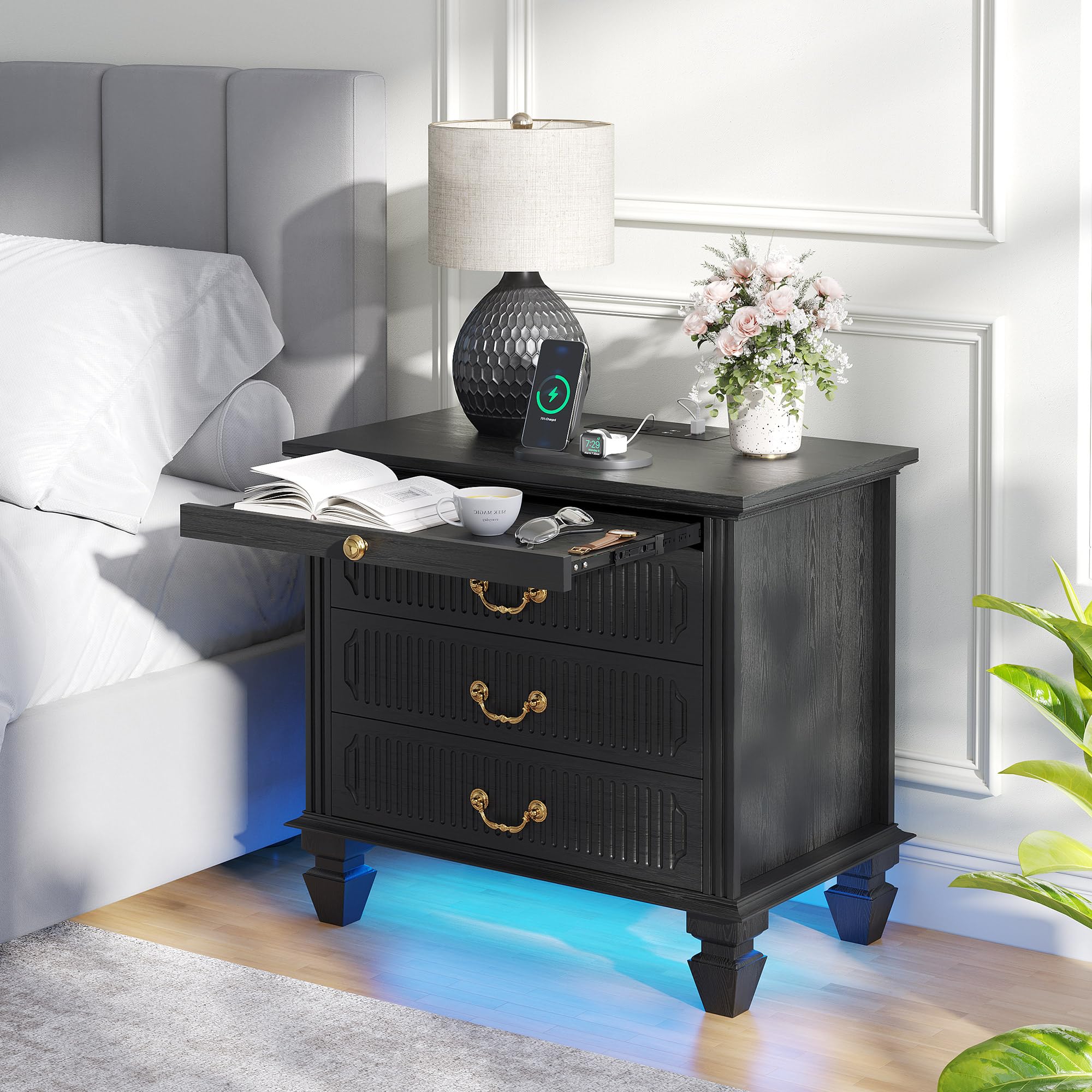 black bedside table with drawers and outletcharger station