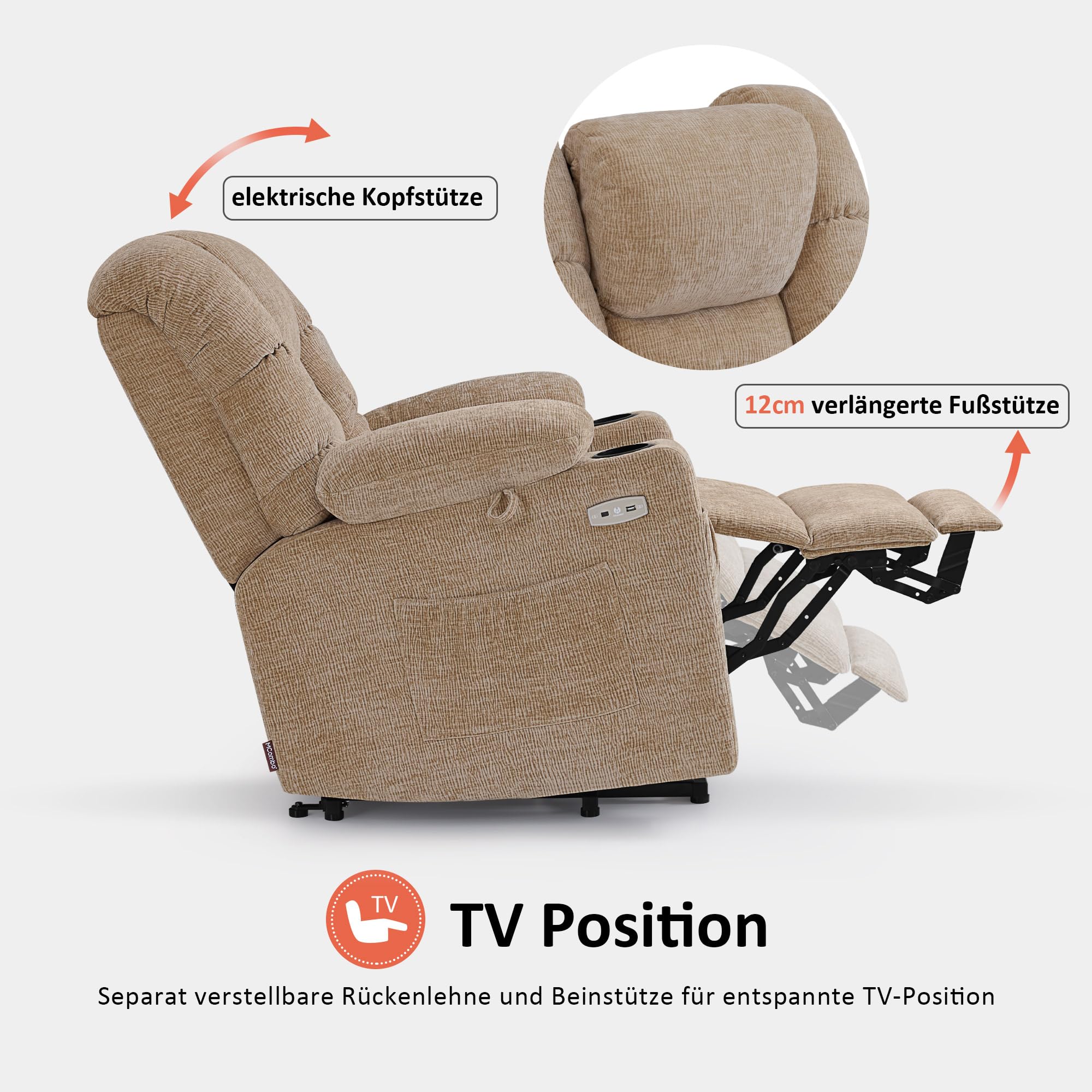 M MCombo Fernsehsessel mit Aufstehhilfe Elektrisch, 3 Motoren, Rückenlehne & Beinstütze Getrennt Verstellbar, Relaxsessel mit Liegefunktion bis 170° Verstellbare Kopfstütze 7550 (Chenille, Beige)
