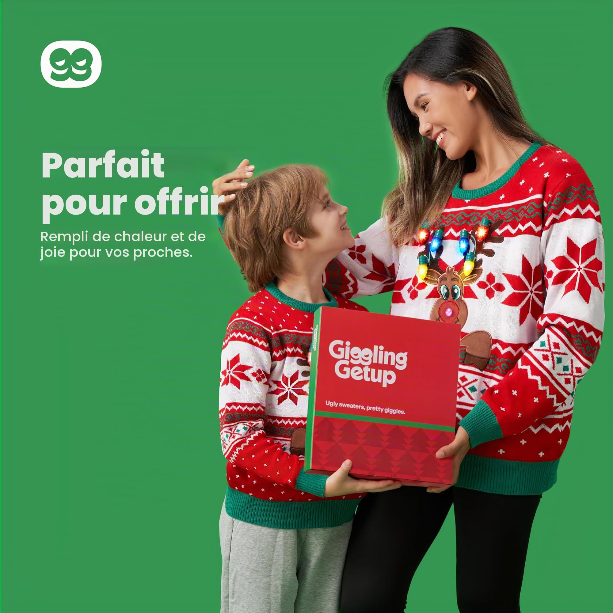 Giggling Getup Pull de Noël moche pour enfants, pull de Noël moche avec éclairage LED, motif renne de Noël moche pour enfants