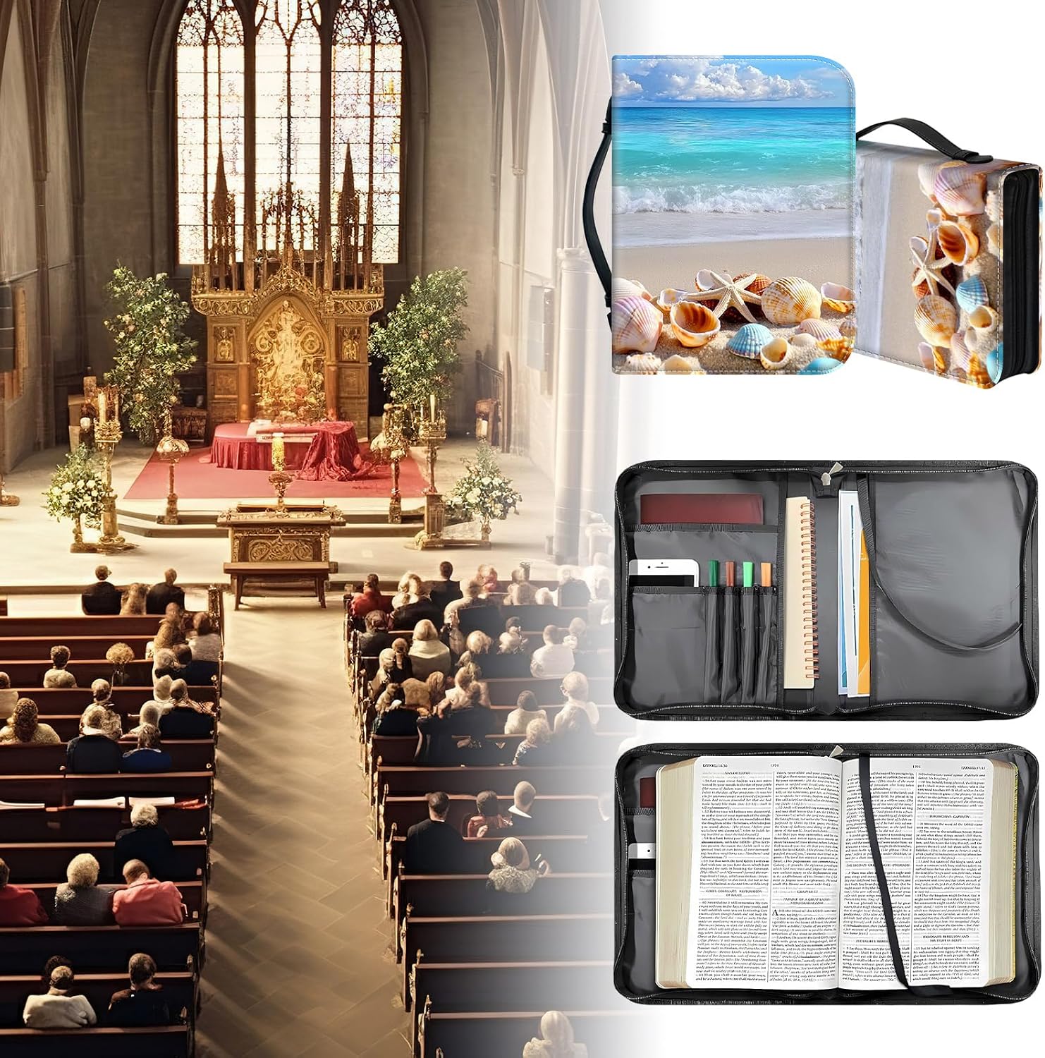 Leather Bible Cover Case for Women 12.2 * 9.06 * 2.76, Bible Bag Carrying Case with Handle Pen Slots Study Bible Supplies, Beautiful Beach