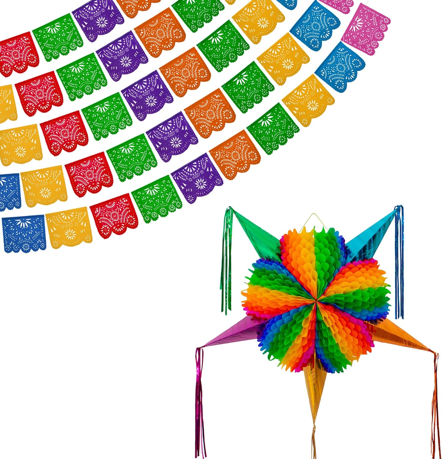 Mexican Piñata (X-Large 35 Inches) + Mexican Party Banners (5 Pack - 10 Plastic Flag Designs per banner) - Papel Picado Banner - Large Pinata