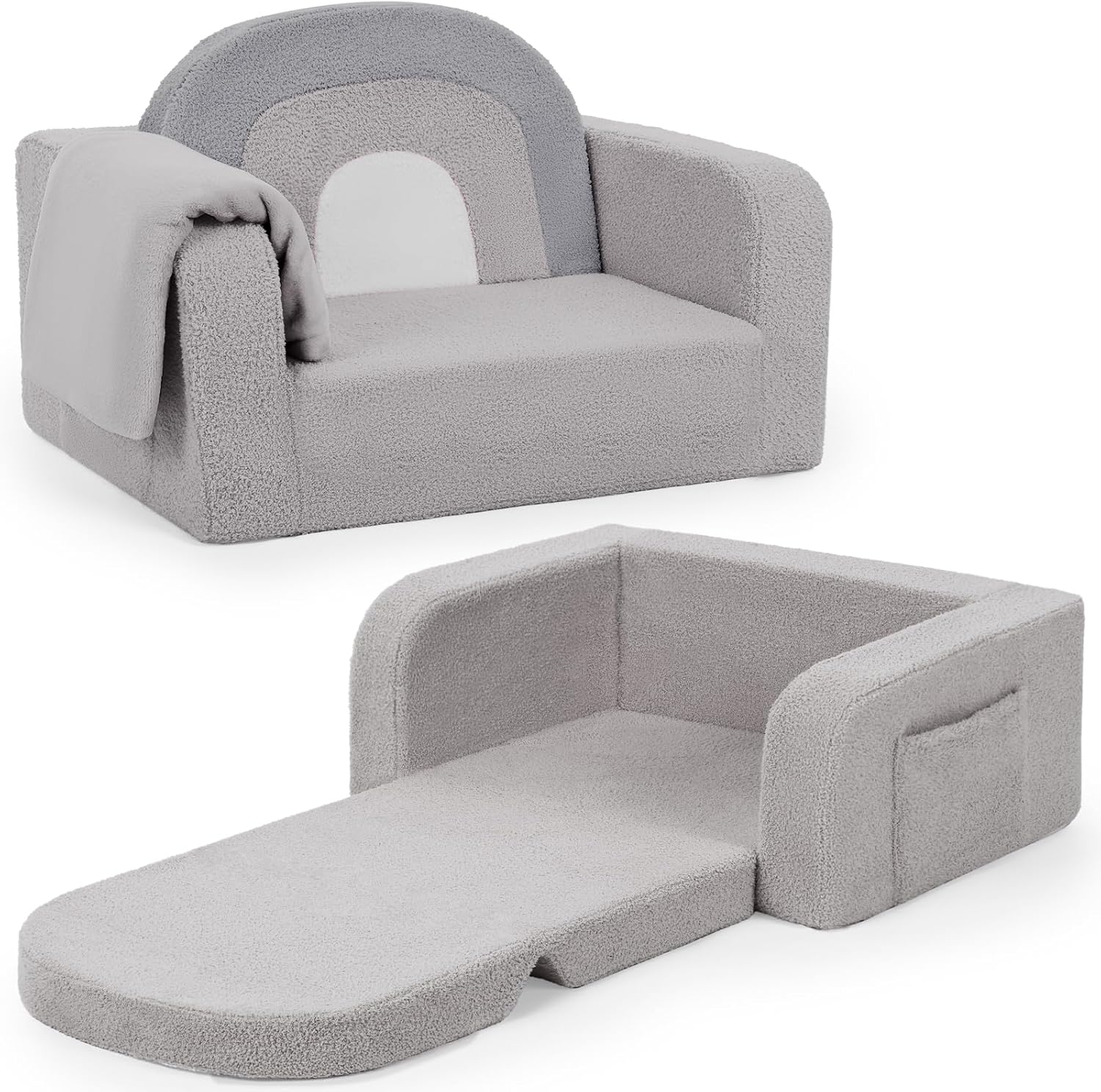 Kids Couch, 2-in-1 Soft Toddler Couch Fold Out with Blanket, Comfy Toddler Chair, Convertible Sofa, Gifts for Kids Girl Boys, Medium Pink Rainbow