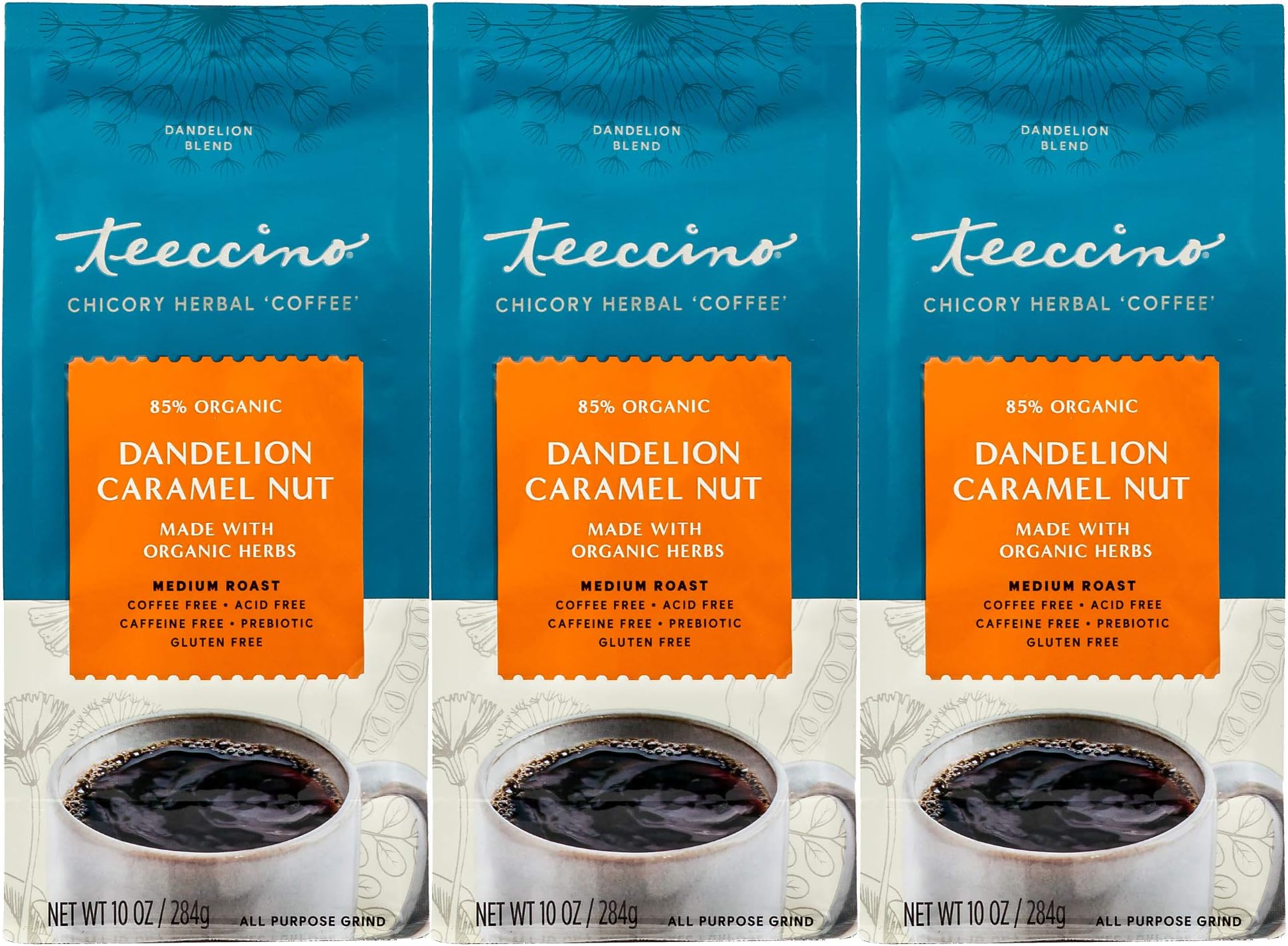 Teeccino Dandelion Caramel Nut Herbal Coffee - Caffeine-Free Coffee Alternative with Prebiotics, Gluten Free, Acid Free - Medium Roast, 10 oz (Pack of 3)