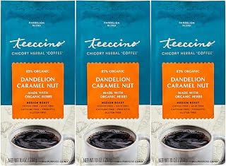 Teeccino Dandelion Caramel Nut Herbal Coffee - Caffeine-Free Coffee Alternative with Prebiotics, Gluten Free, Acid Free - Medium Roast, 10 oz (Pack of 3)