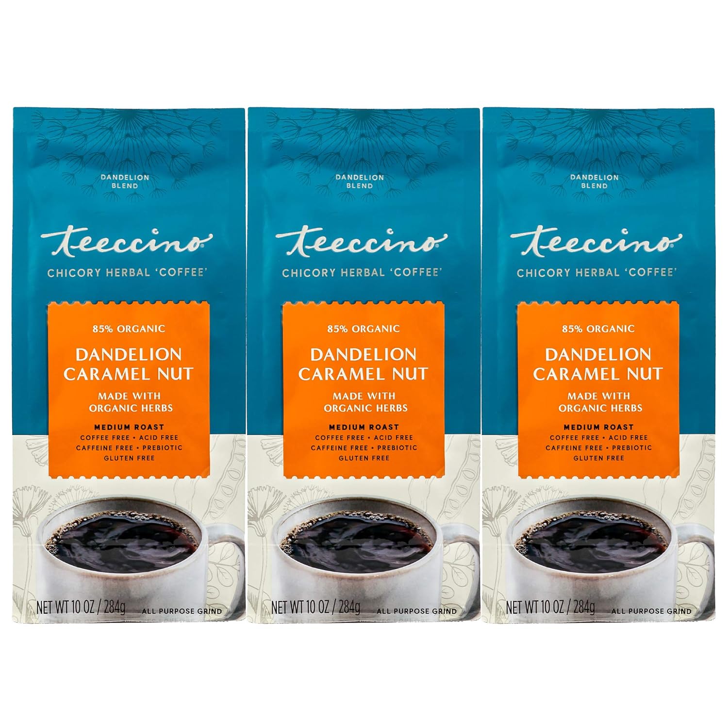 Teeccino Dandelion Caramel Nut Herbal Coffee - Caffeine-Free Coffee Alternative with Prebiotics, Gluten Free, Acid Free - Medium Roast, 10 oz (Pack of 3)
