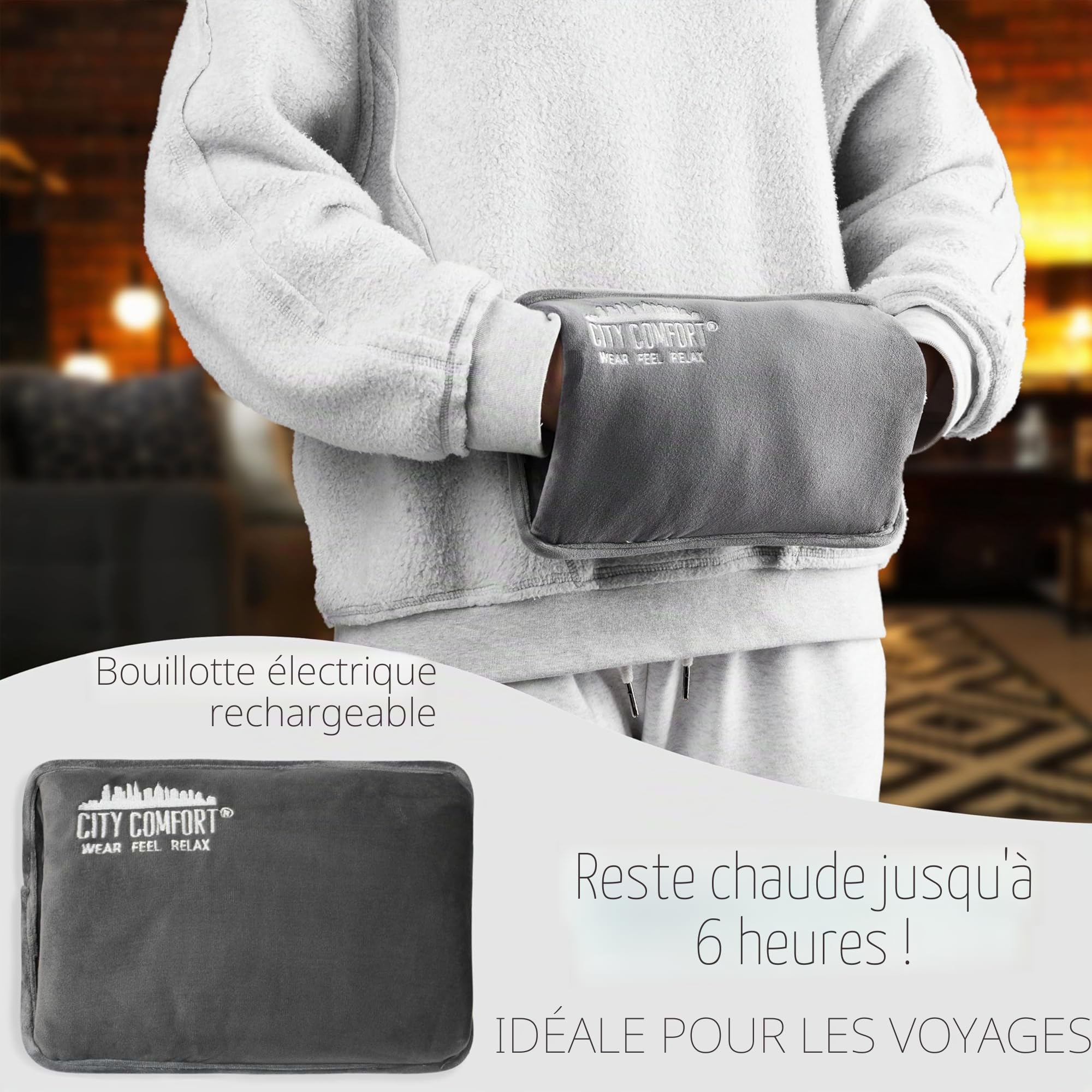 CityComfort Bouillotte Électrique Rechargeable Coussin Chauffant 6H Câble Détachable Chauffe Lit et Chauffe Main Idée Cadeau (Charbon)